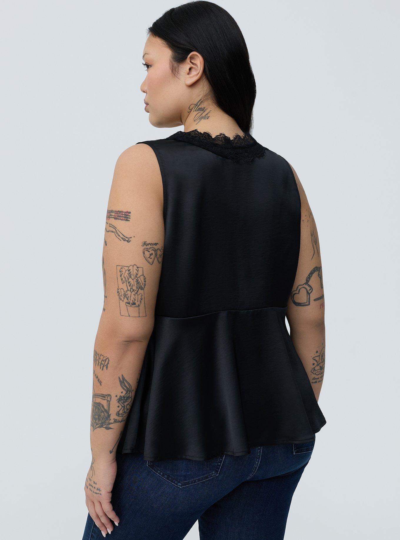 Satin Lace Trim Tank, DEEP BLACK, alternate