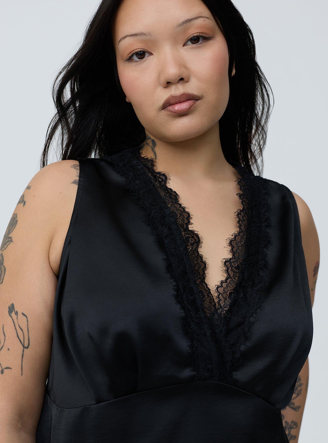 Satin Lace Trim Tank, DEEP BLACK, alternate