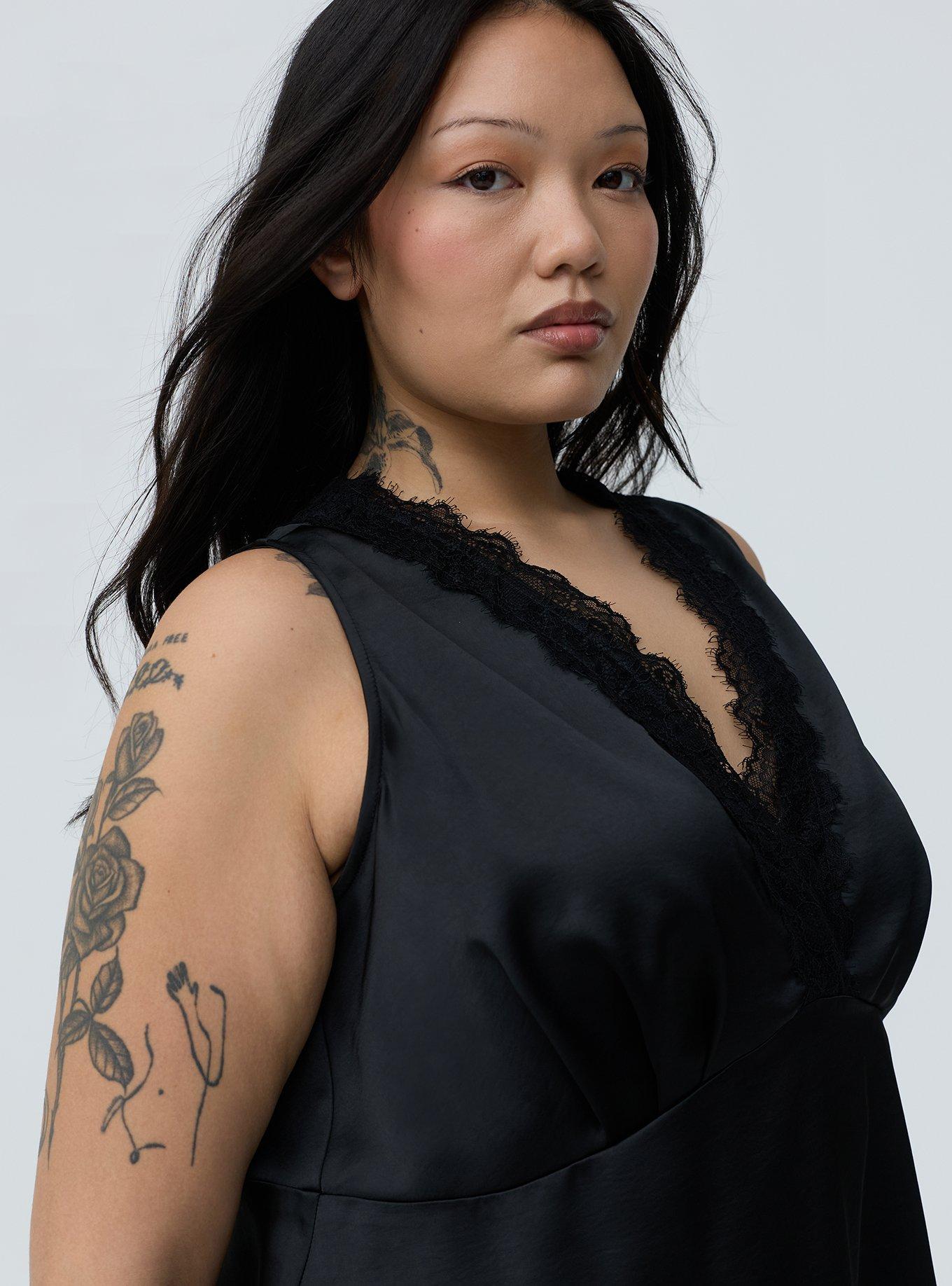 Satin Lace Trim Tank, DEEP BLACK, alternate