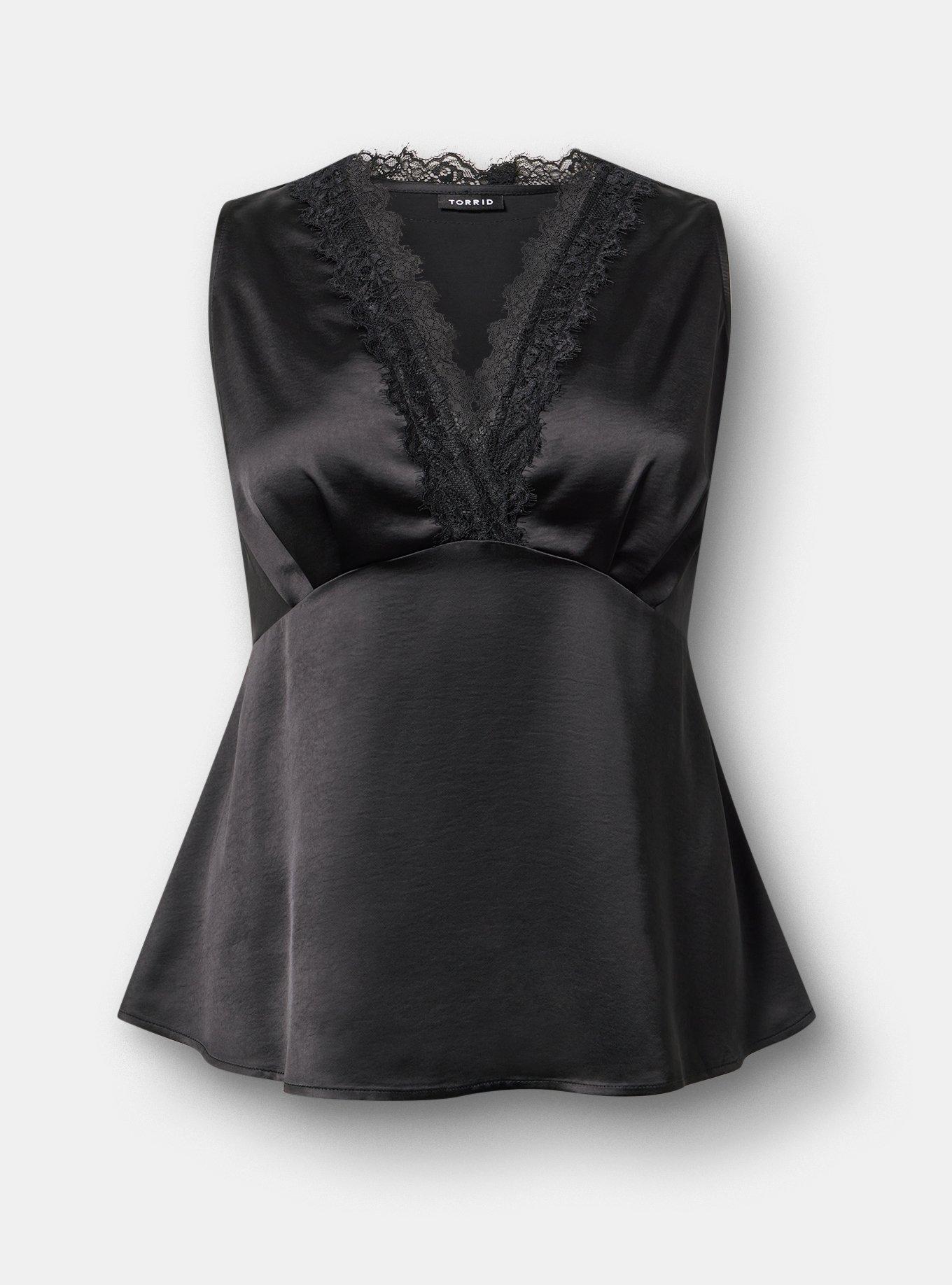 Satin Lace Trim Tank, DEEP BLACK, hi-res