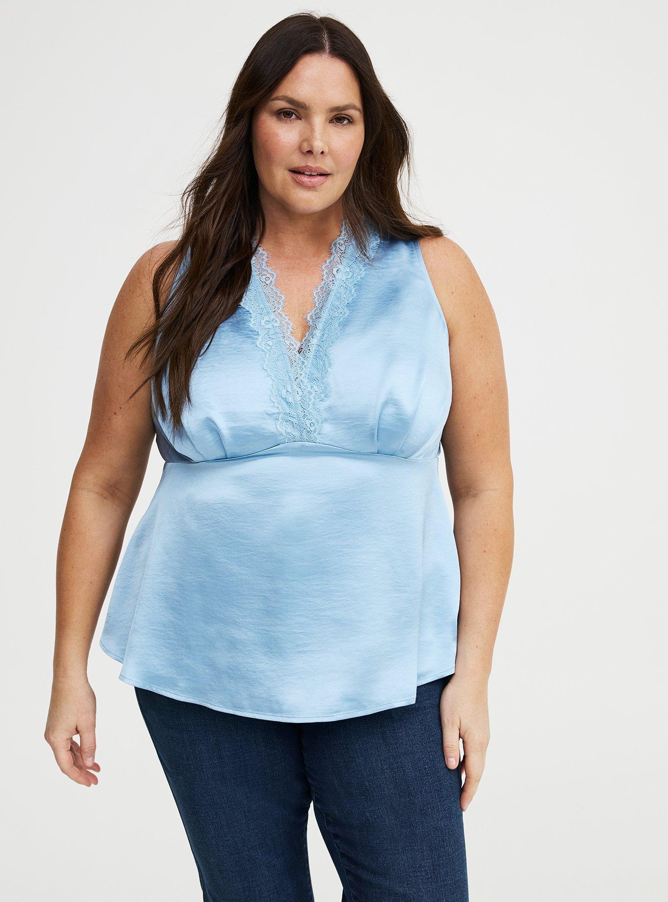 Satin Lace Trim Tank, CERULEAN, hi-res