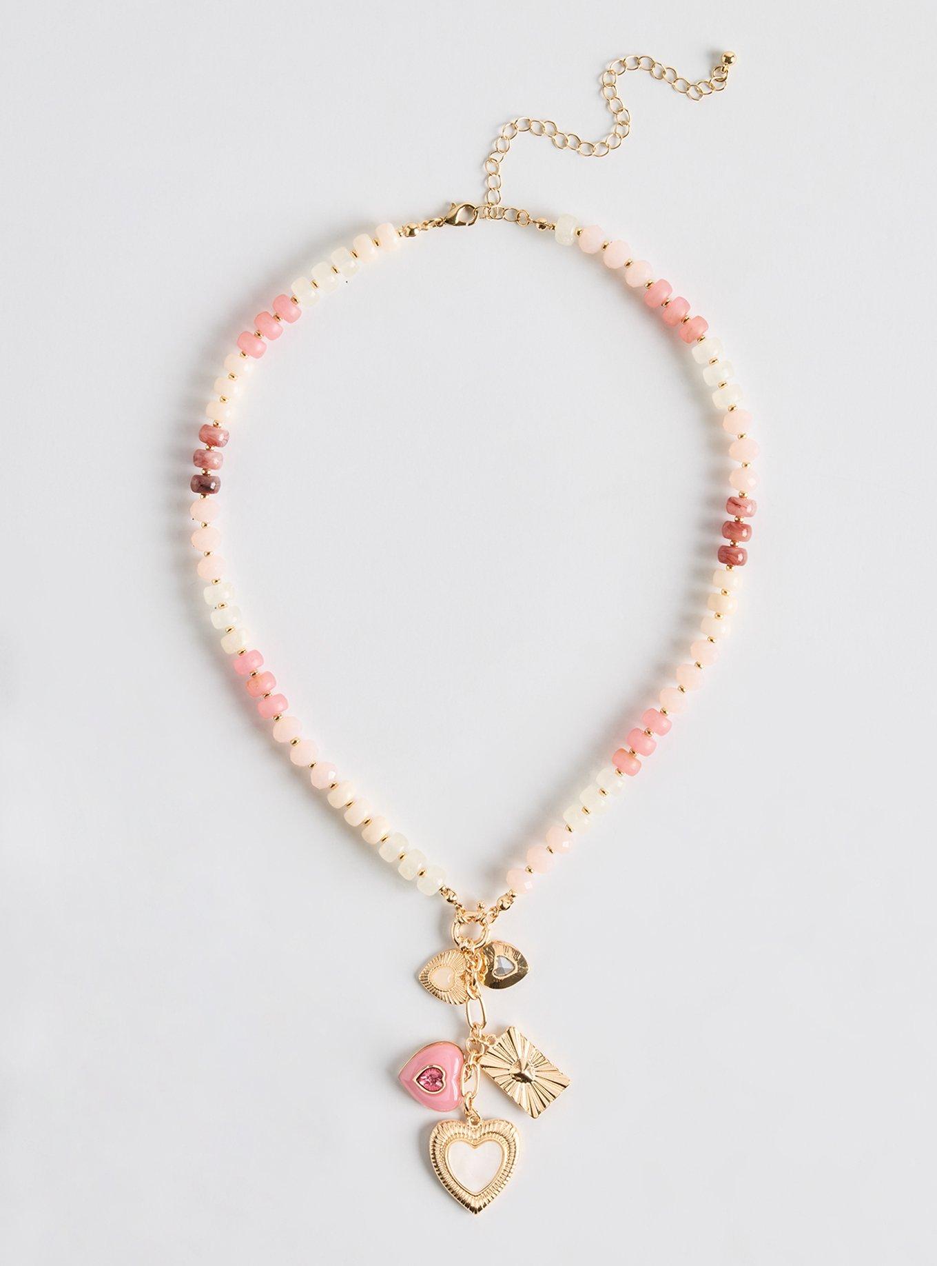 Plus Size Beaded Heart Charm Necklace, , hi-res