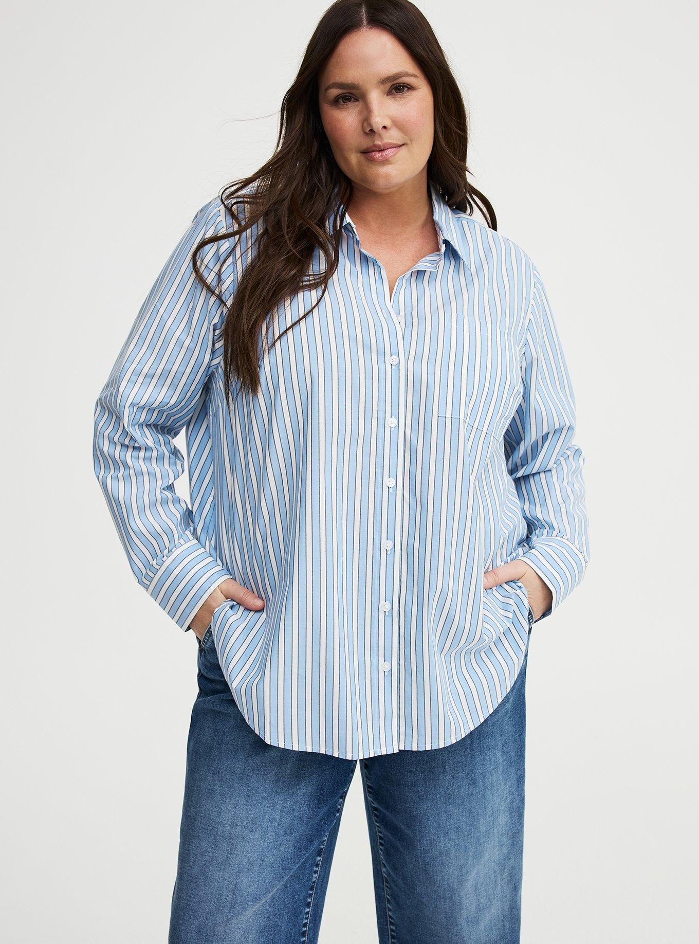 Relaxed Cotton Button-Up Shirt, ANYA STRIPE BLUE, hi-res
