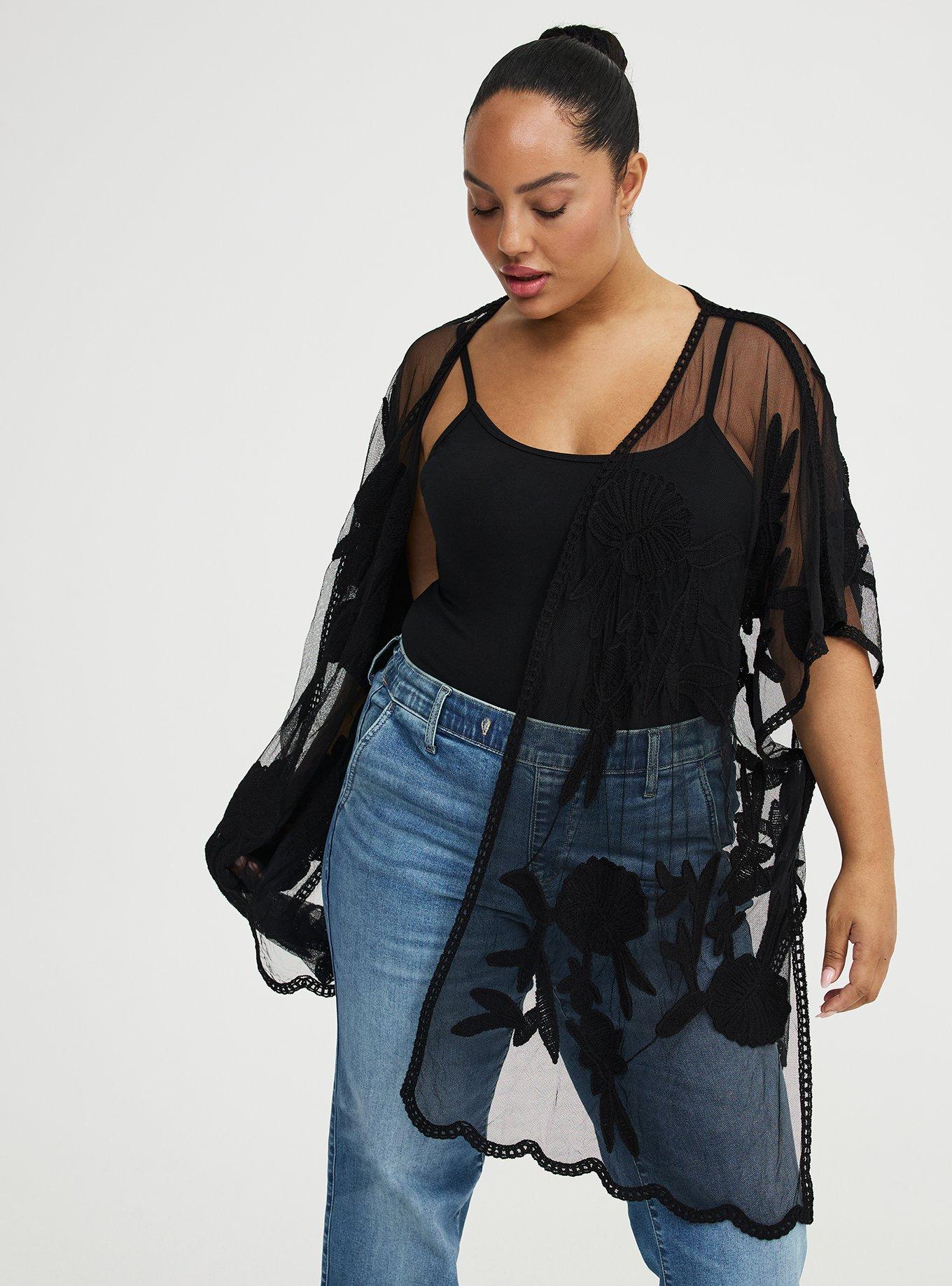 Floral Applique Ruana, DEEP BLACK, hi-res