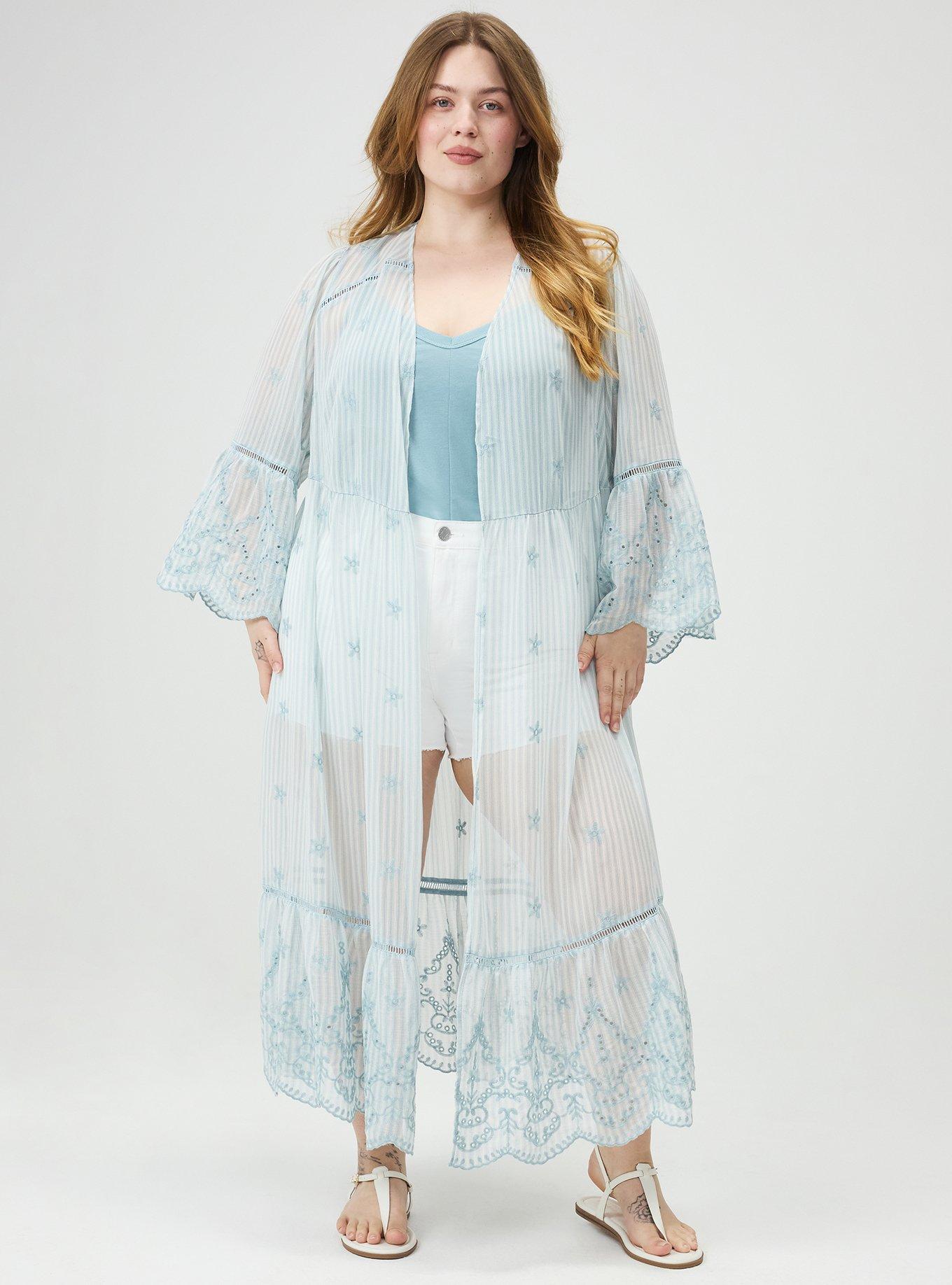 Embroidered Eyelet Maxi Kimono, MORA STRIPE BLUE, hi-res
