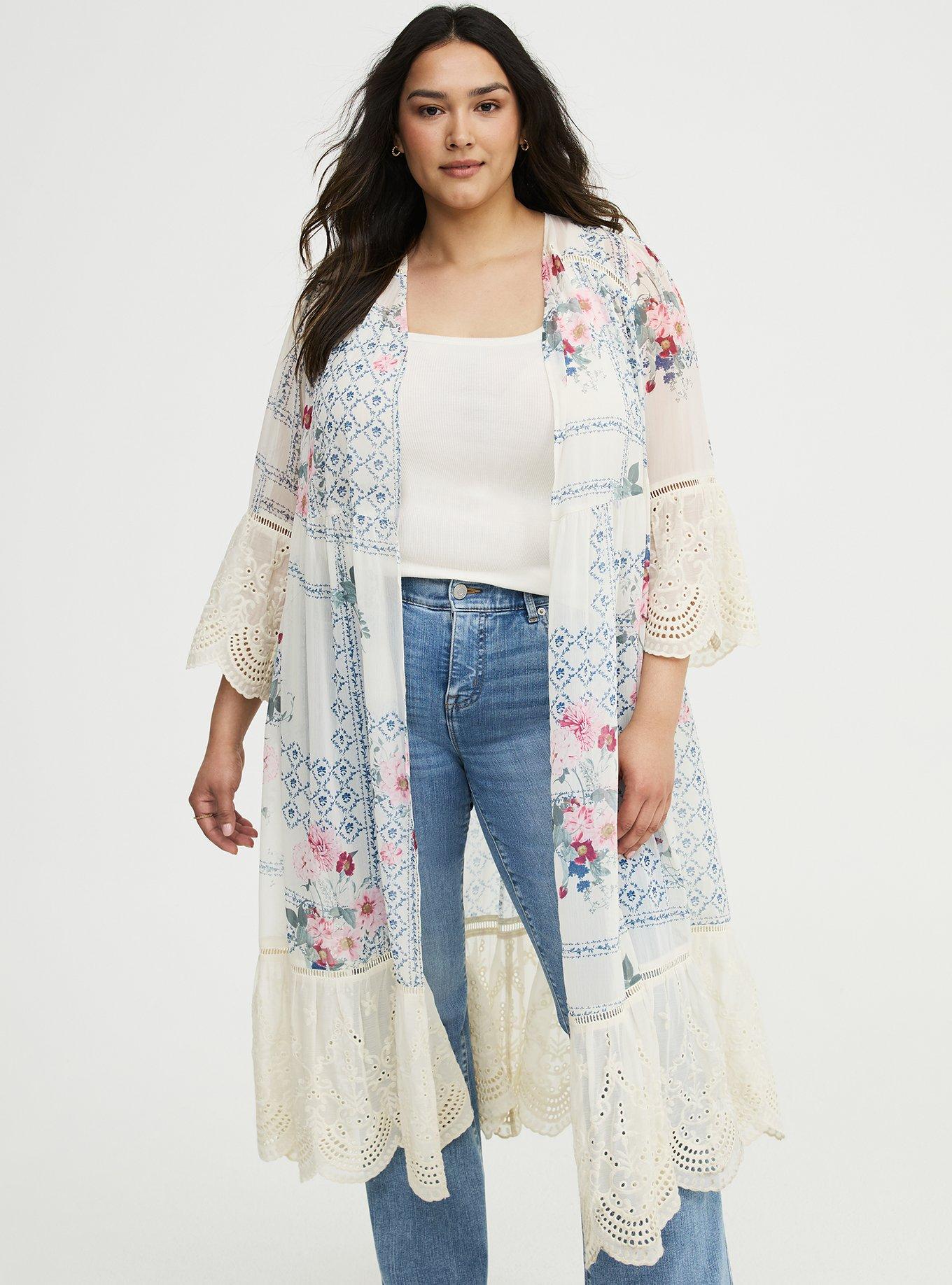 Embroidered Crochet Maxi Kimono, QUILTED FLORAL IVORY, alternate