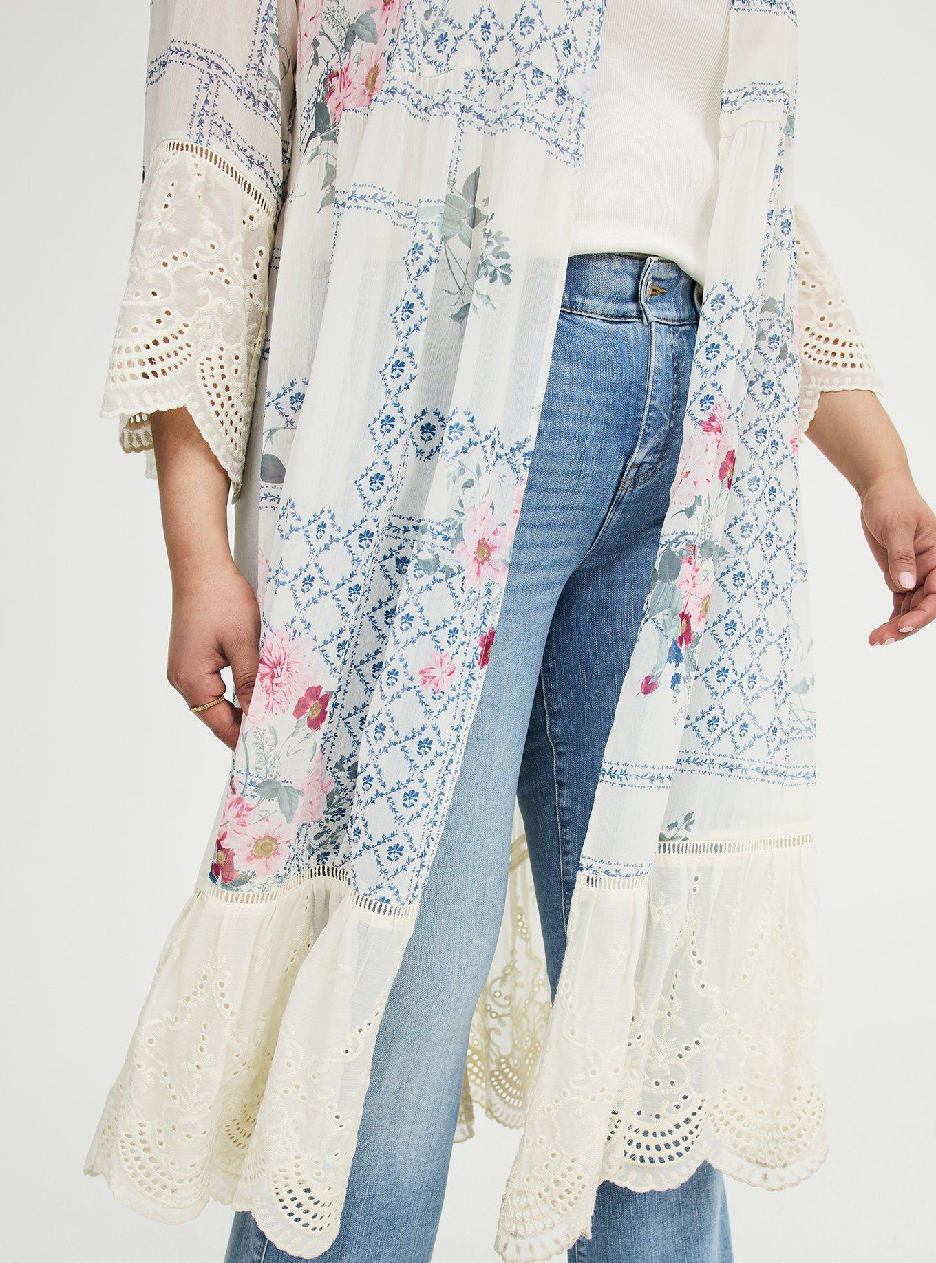 Embroidered Crochet Maxi Kimono, QUILTED FLORAL IVORY, alternate