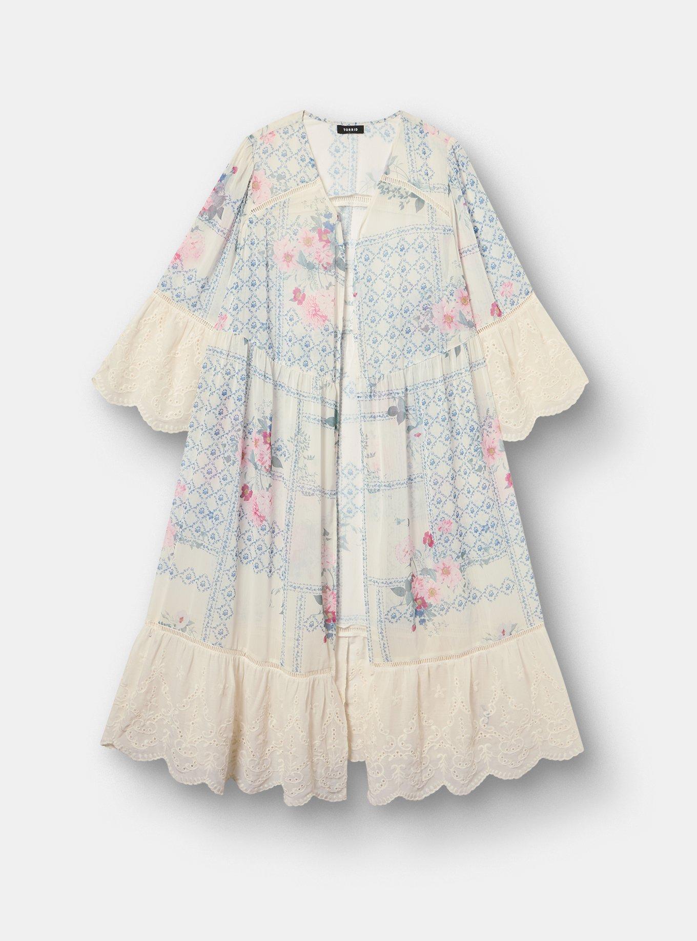 Embroidered Eyelet Maxi Kimono, QUILTED FLORAL IVORY, hi-res