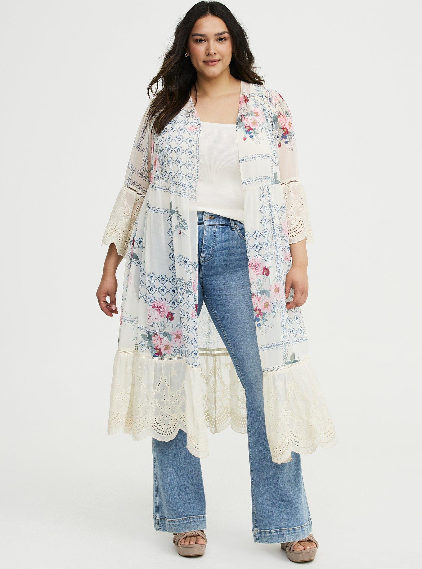 Embroidered Crochet Maxi Kimono, QUILTED FLORAL IVORY, hi-res