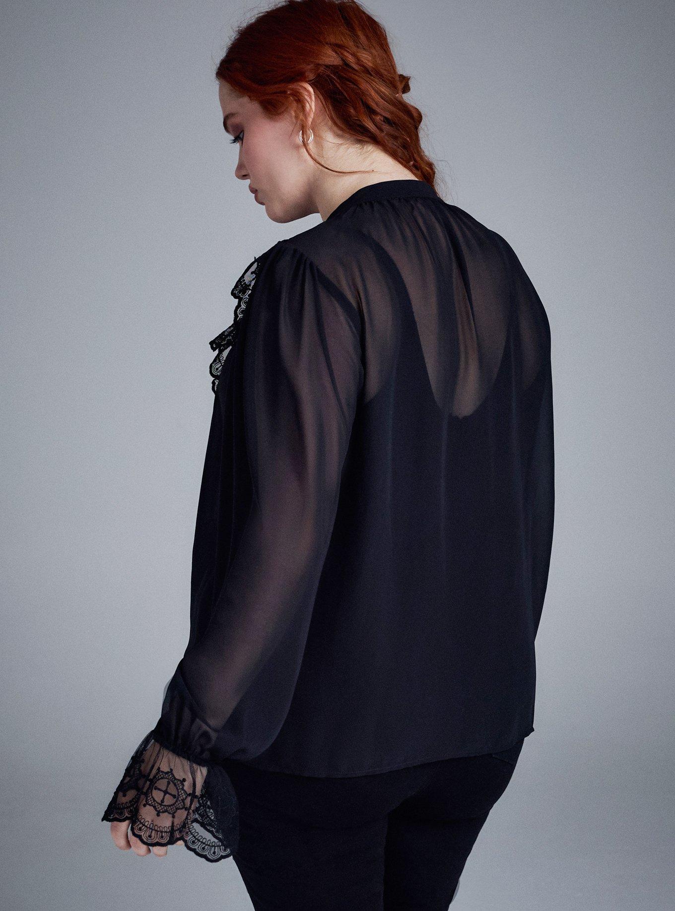 Nightfall Mixed Lace Button-Up Blouse, DEEP BLACK, alternate
