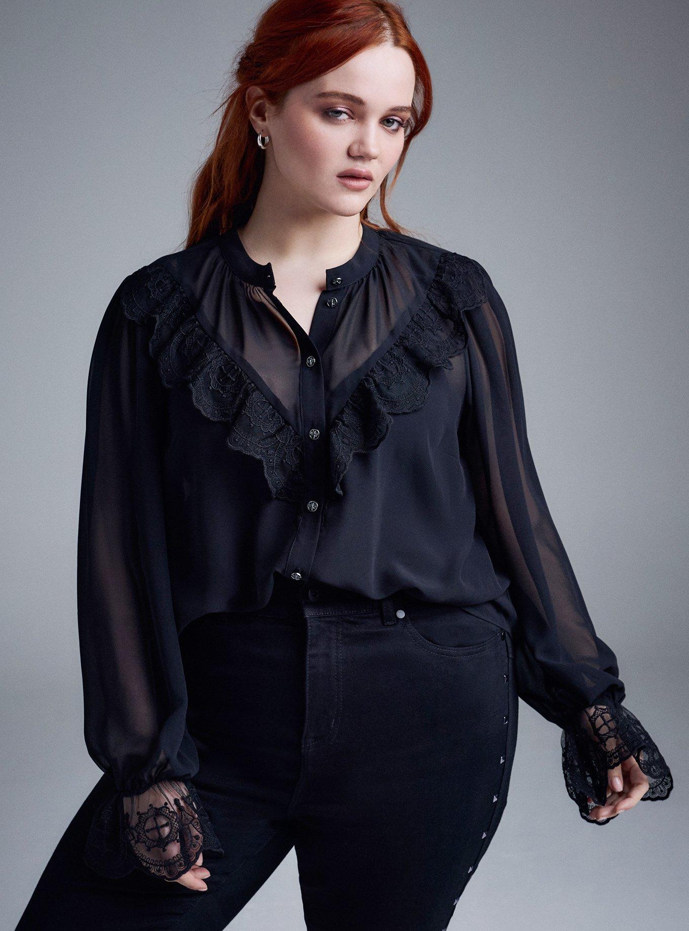 Nightfall Mixed Lace Button-Up Blouse, DEEP BLACK, alternate