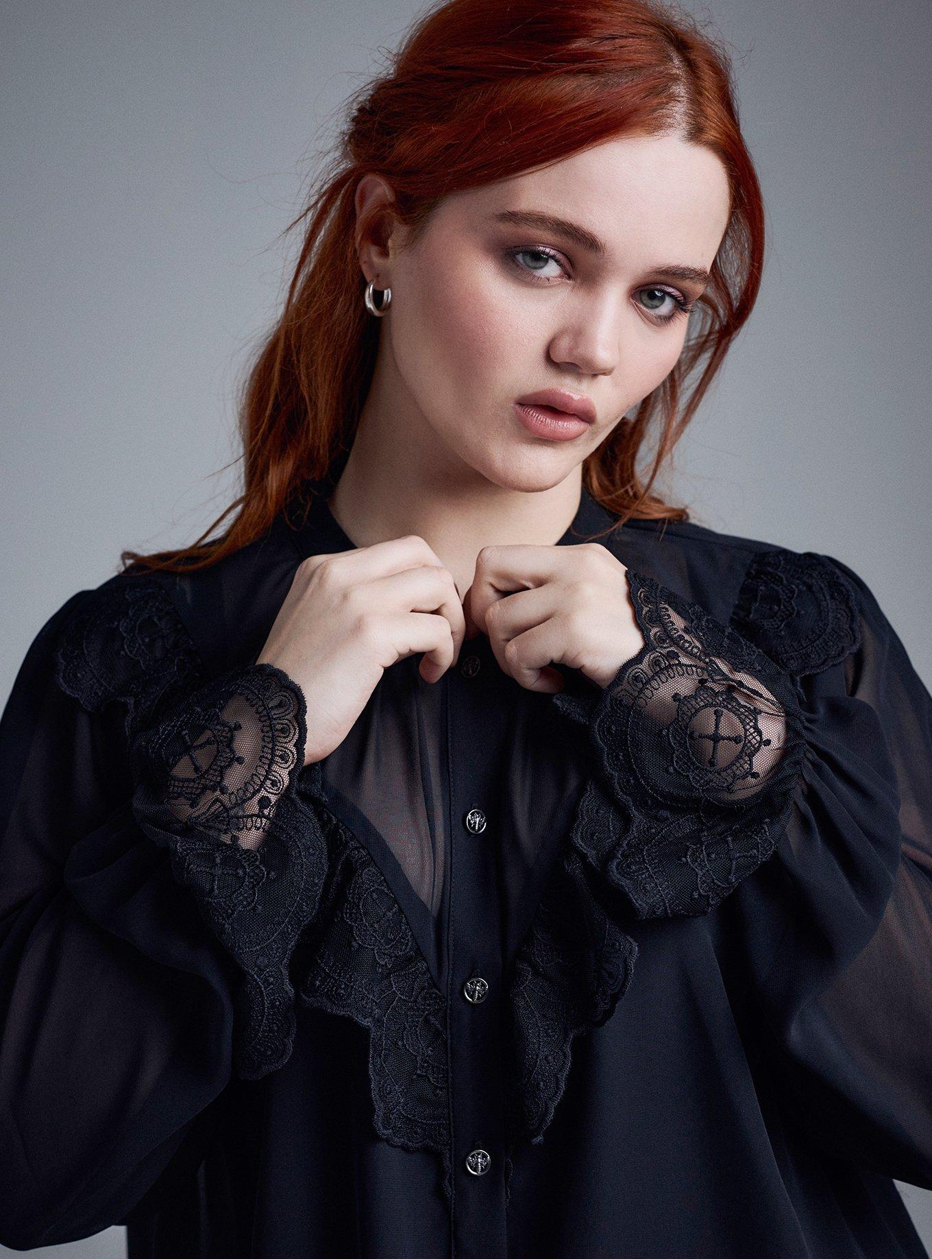 Nightfall Mixed Lace Button-Up Blouse, DEEP BLACK, alternate