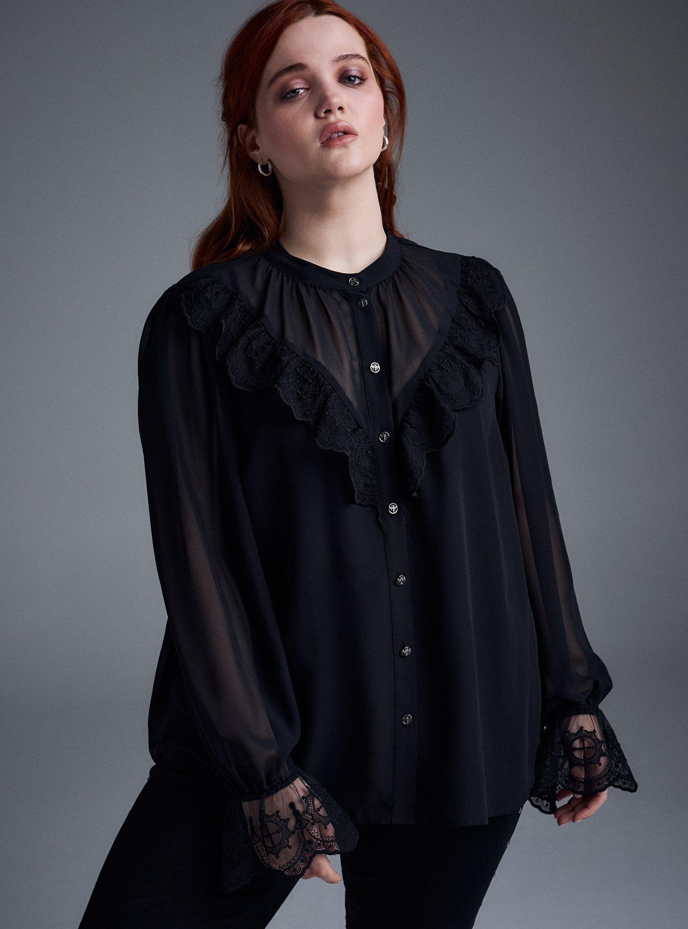 Nightfall Mixed Lace Button-Up Blouse, DEEP BLACK, hi-res