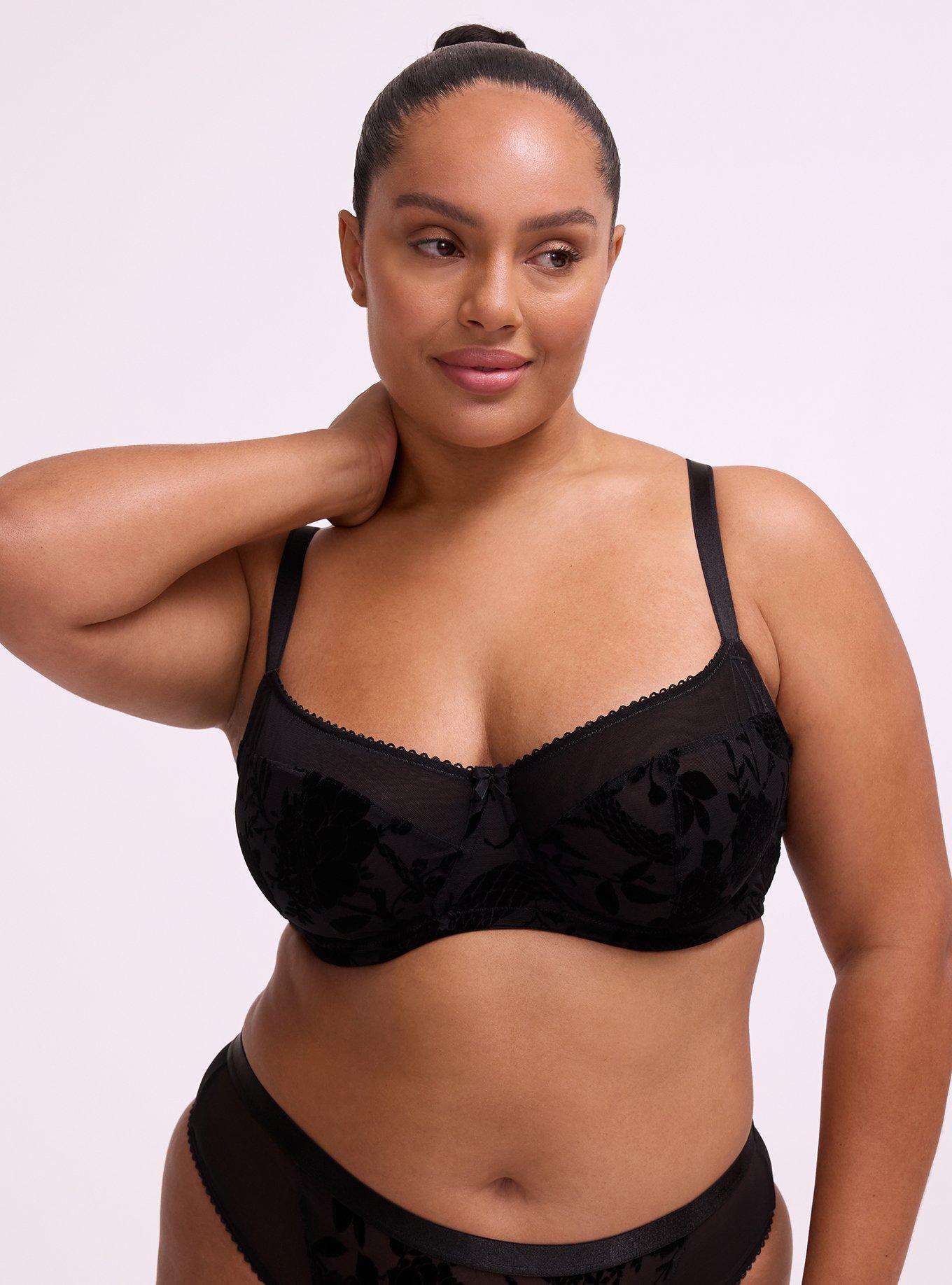 Plus Size Unlined Balconette Flocked Mesh Bra, SNAKE FLORAL BLACK, hi-res