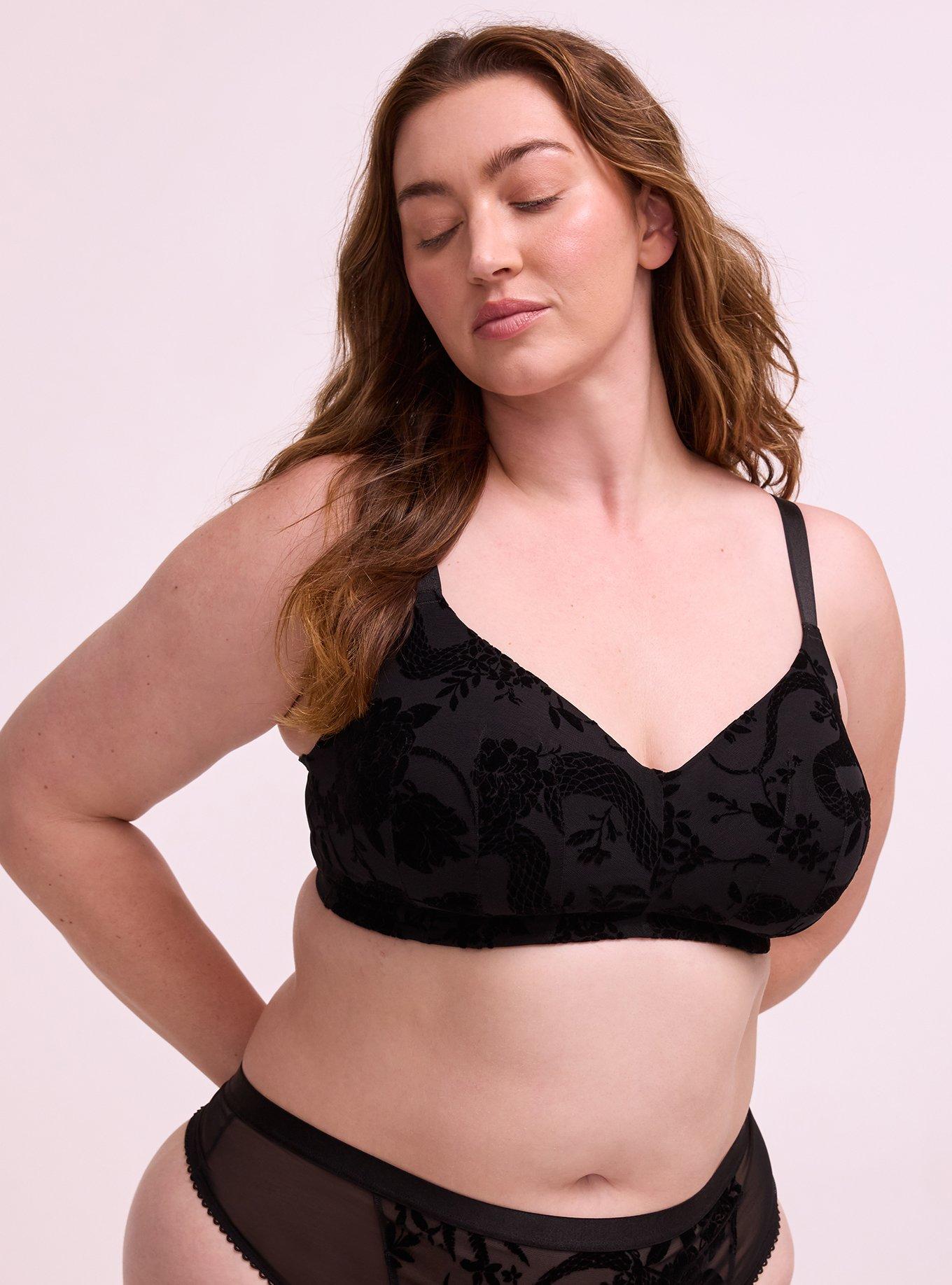 Plus Size Wire-Free Lightly Lined Flocked Mesh Bra, SNAKE FLORAL BLACK, hi-res
