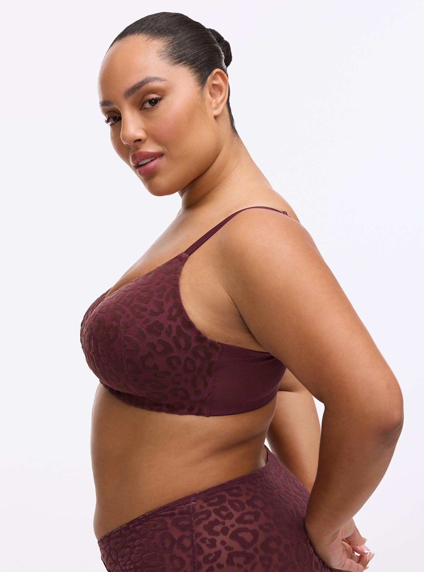 Plus Size Wire-Free Lightly Lined Flocked Mesh Bra, MONDAY LEOPARD  PURPLE, alternate