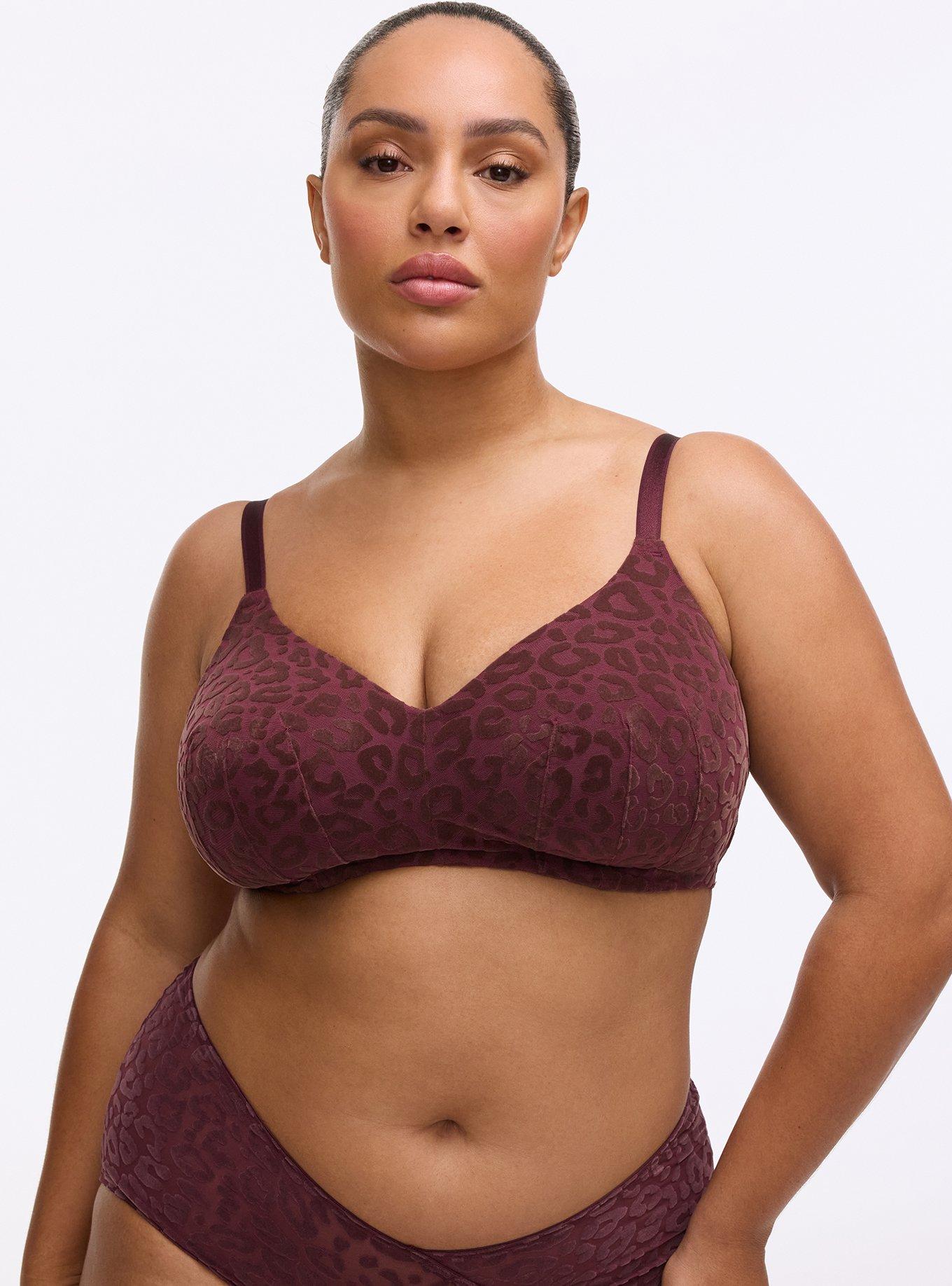 Plus Size Wire-Free Lightly Lined Flocked Mesh Bra, MONDAY LEOPARD  PURPLE, hi-res