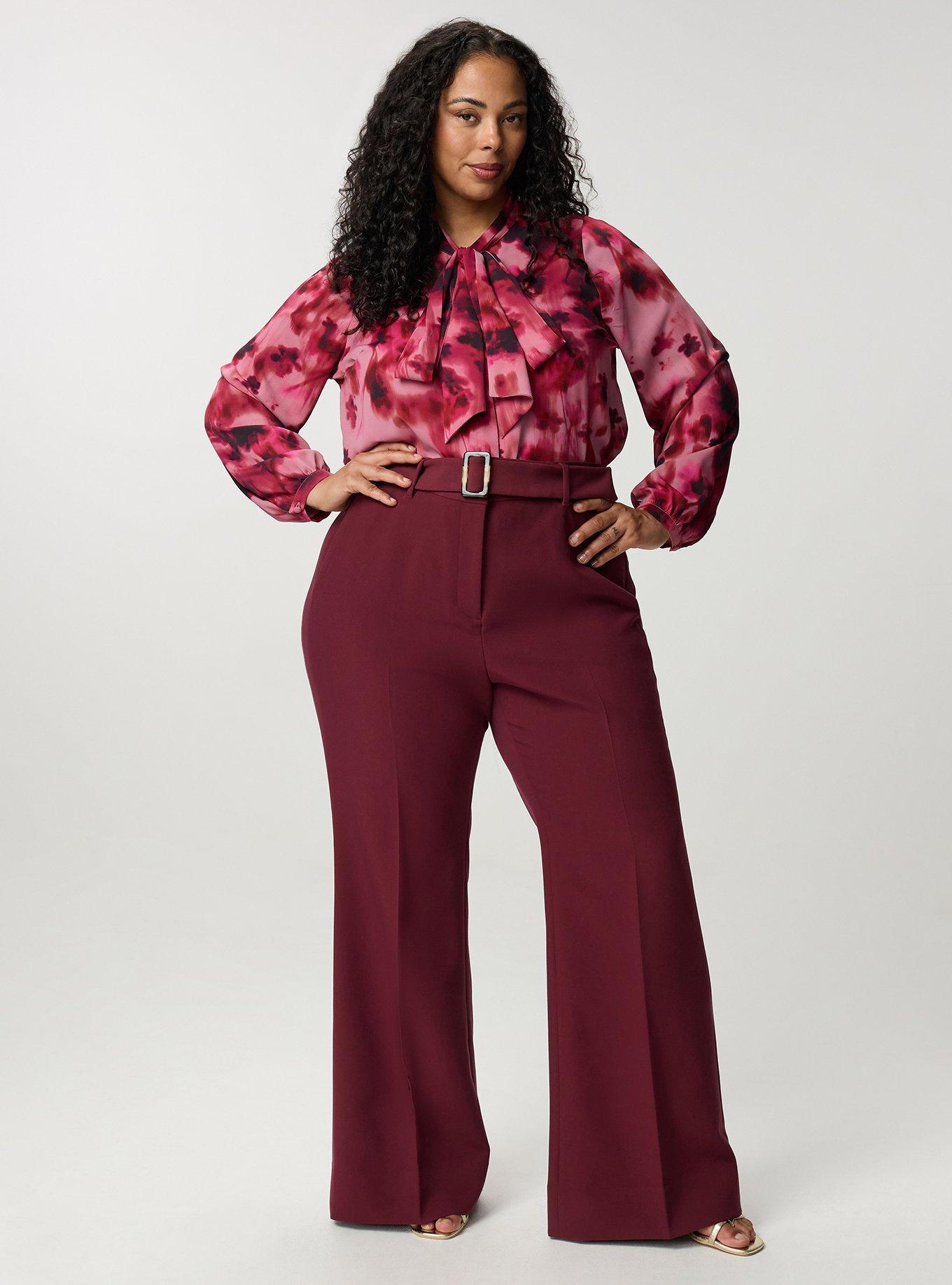 Plus Size Studio Wide Flare Trouser with Belt, MAROON BANNER, alternate