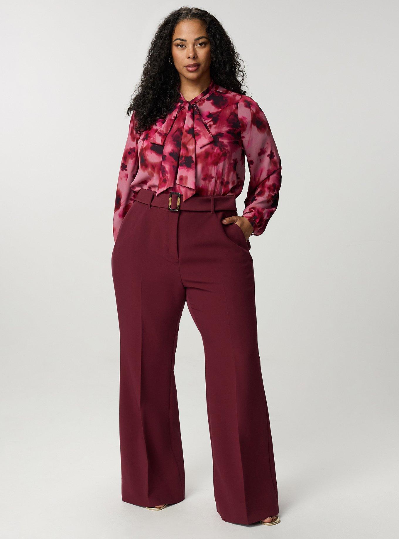 Plus Size Studio Wide Flare Trouser with Belt, MAROON BANNER, hi-res