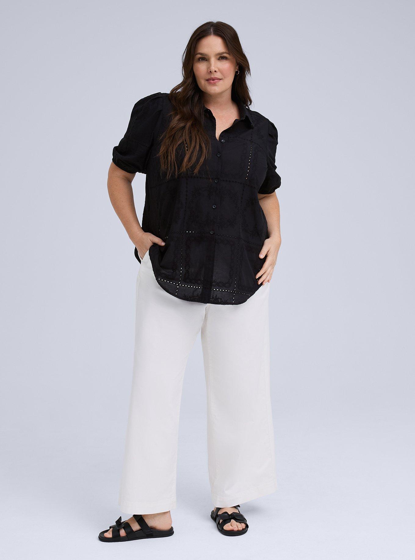 Plus Size Belle Isle Eyelet Button Down Shirt, DEEP BLACK, alternate