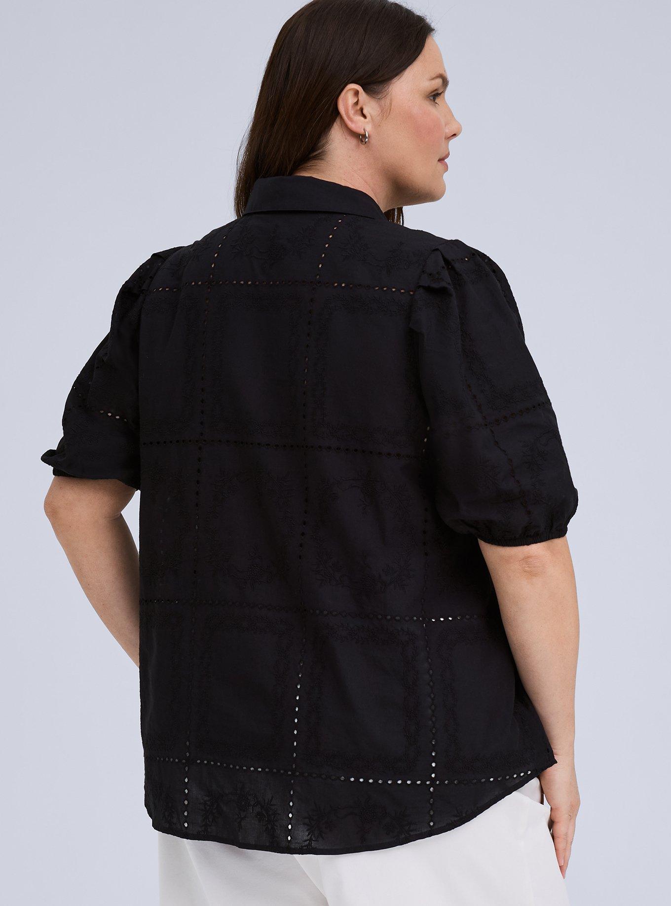 Plus Size Belle Isle Eyelet Button Down Shirt, DEEP BLACK, alternate