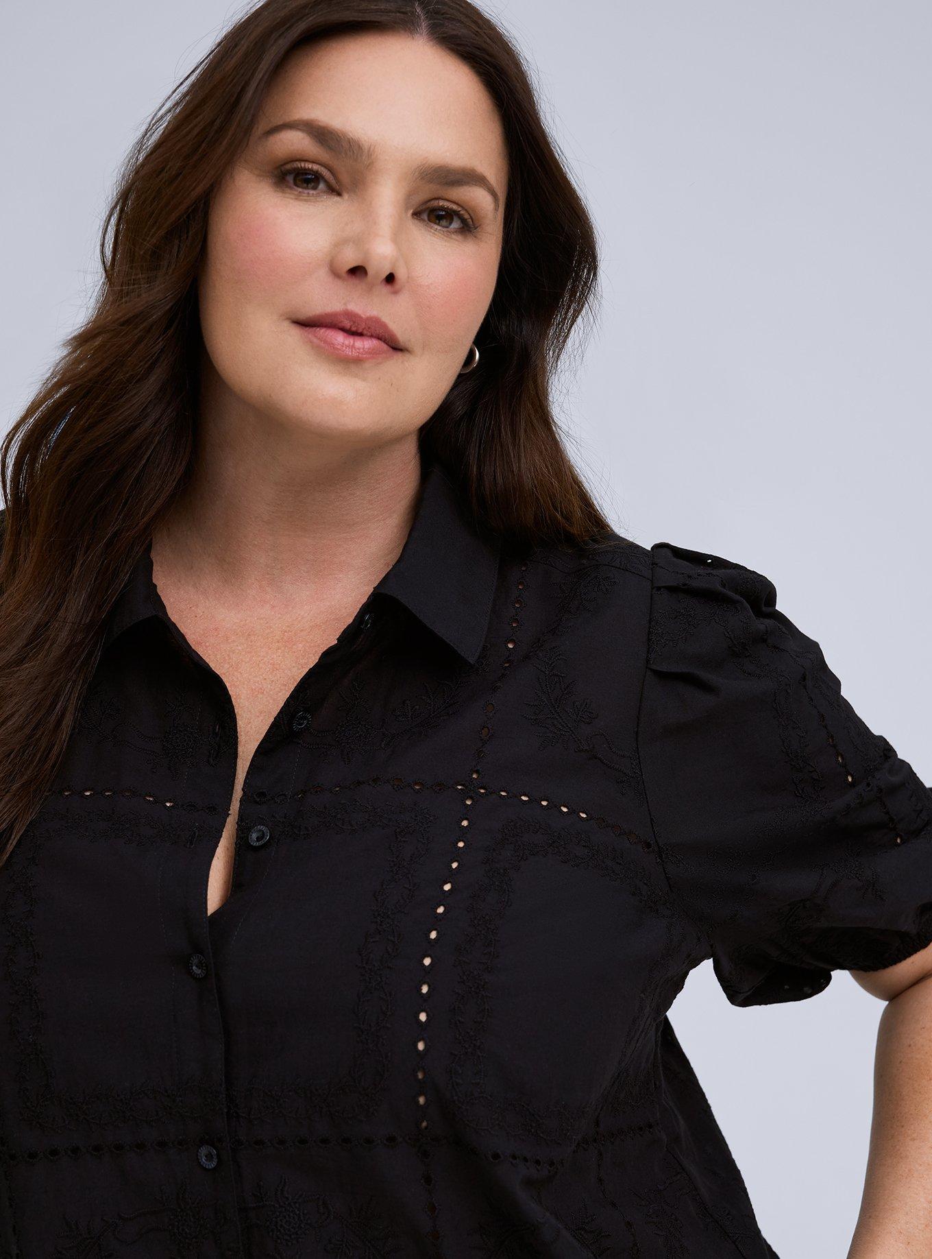 Plus Size Belle Isle Eyelet Button Down Shirt, DEEP BLACK, alternate