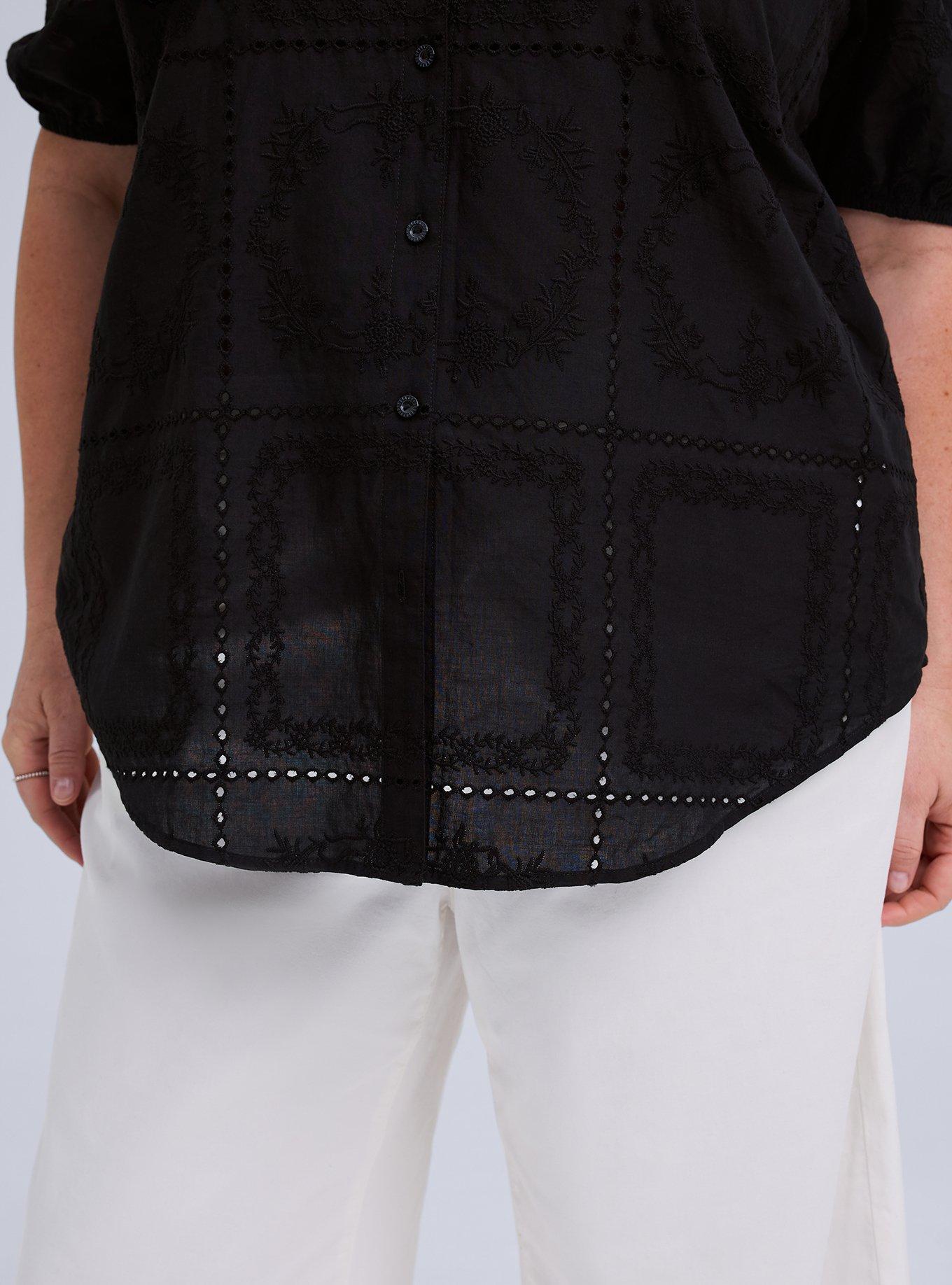 Plus Size Belle Isle Eyelet Button Down Shirt, DEEP BLACK, alternate