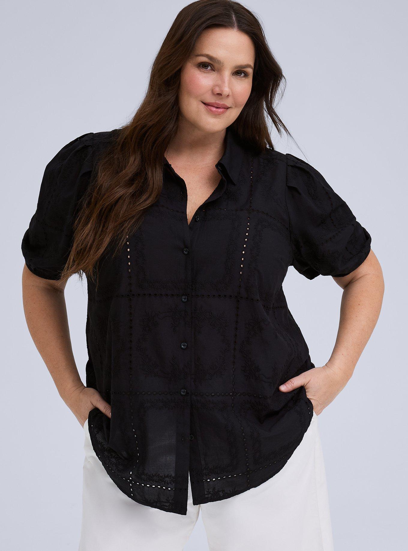Plus Size Belle Isle Eyelet Button Down Shirt, DEEP BLACK, alternate