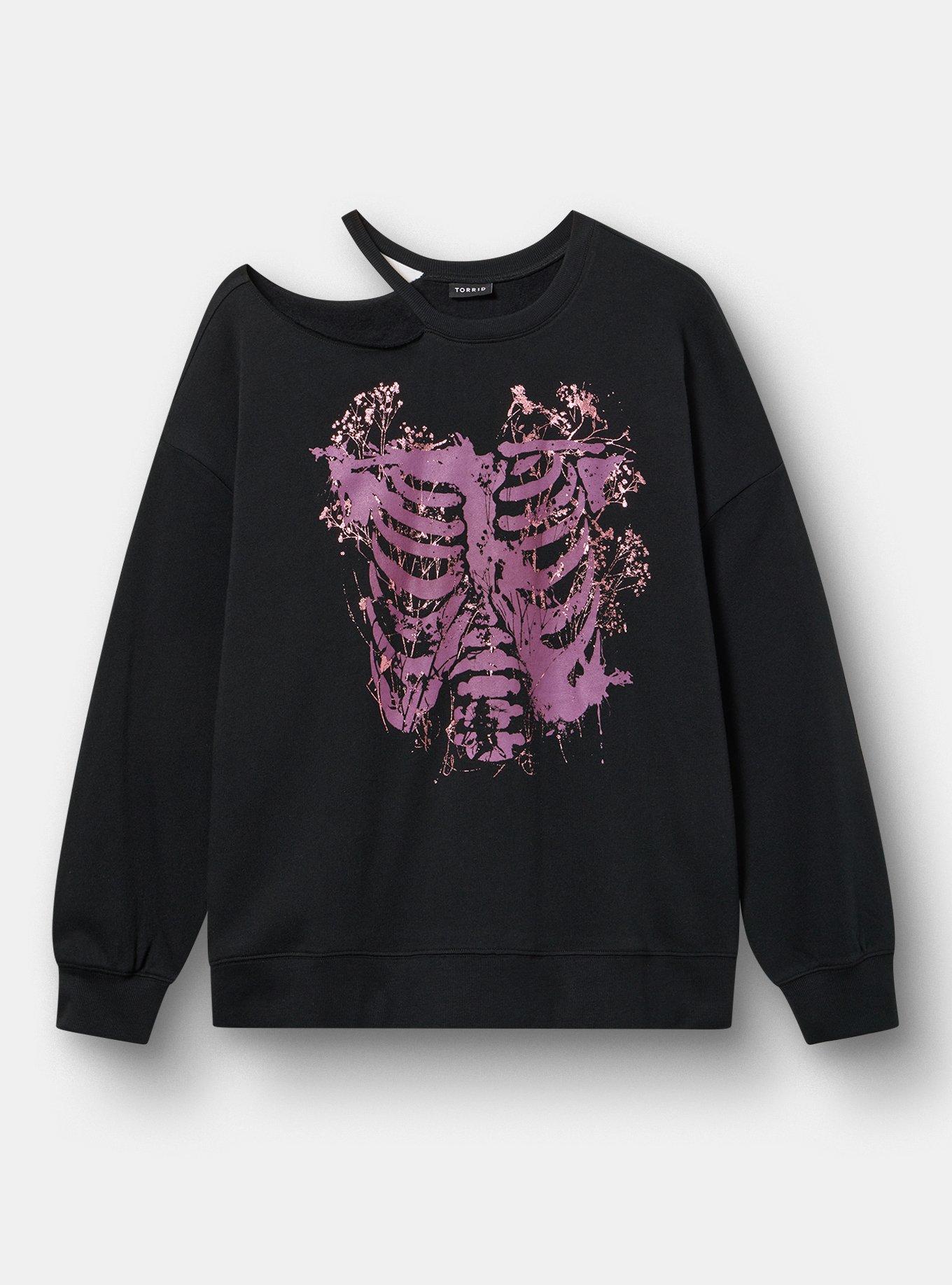 Classic Cozy Fleece Cutout Sweatshirt, GRUNGE RIBCAGE DEEP BLACK, hi-res