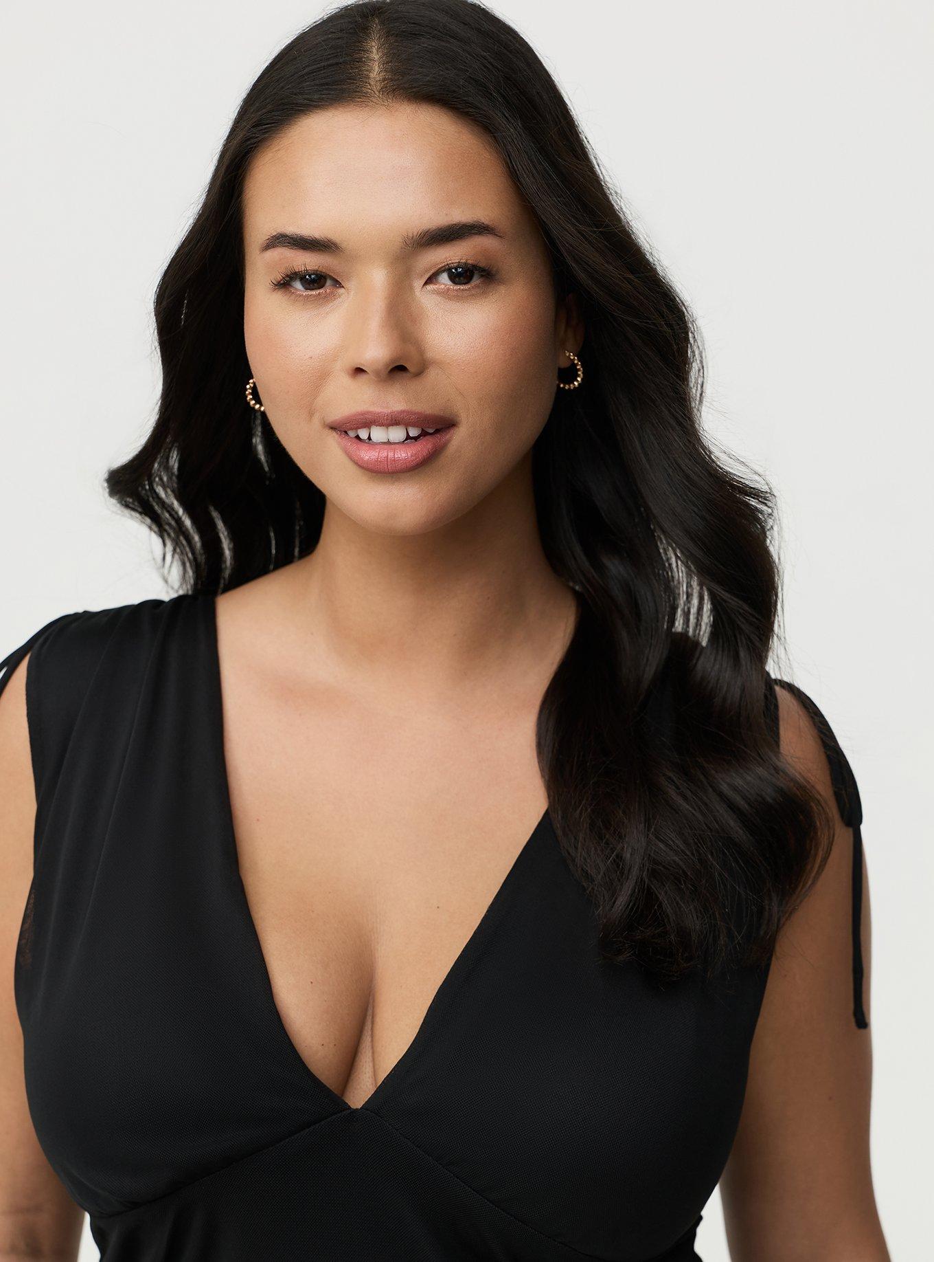 Mesh V-Neck Ruched Top, DEEP BLACK, alternate