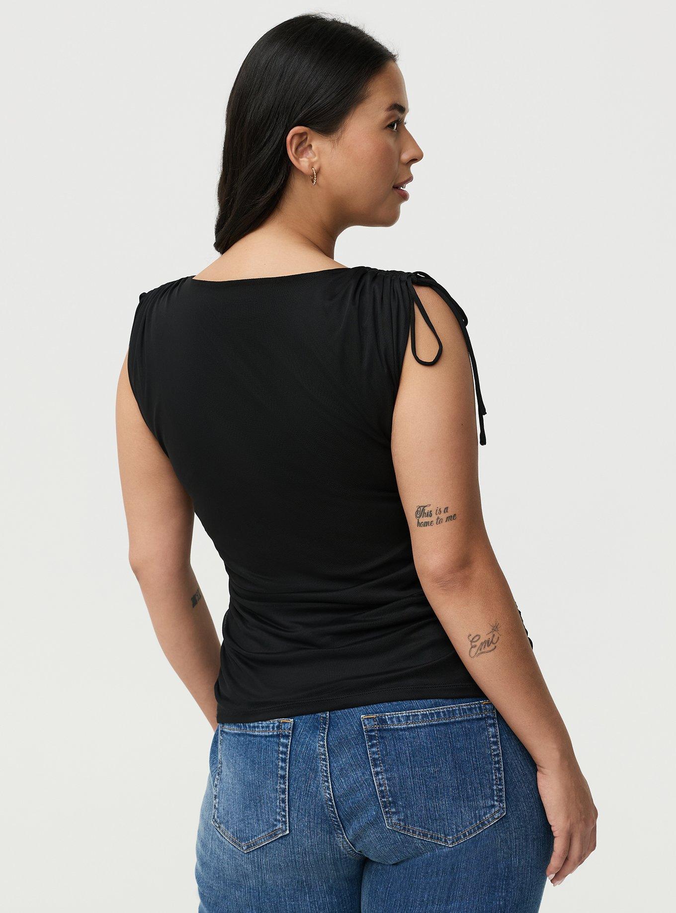 Mesh V-Neck Ruched Top, DEEP BLACK, alternate