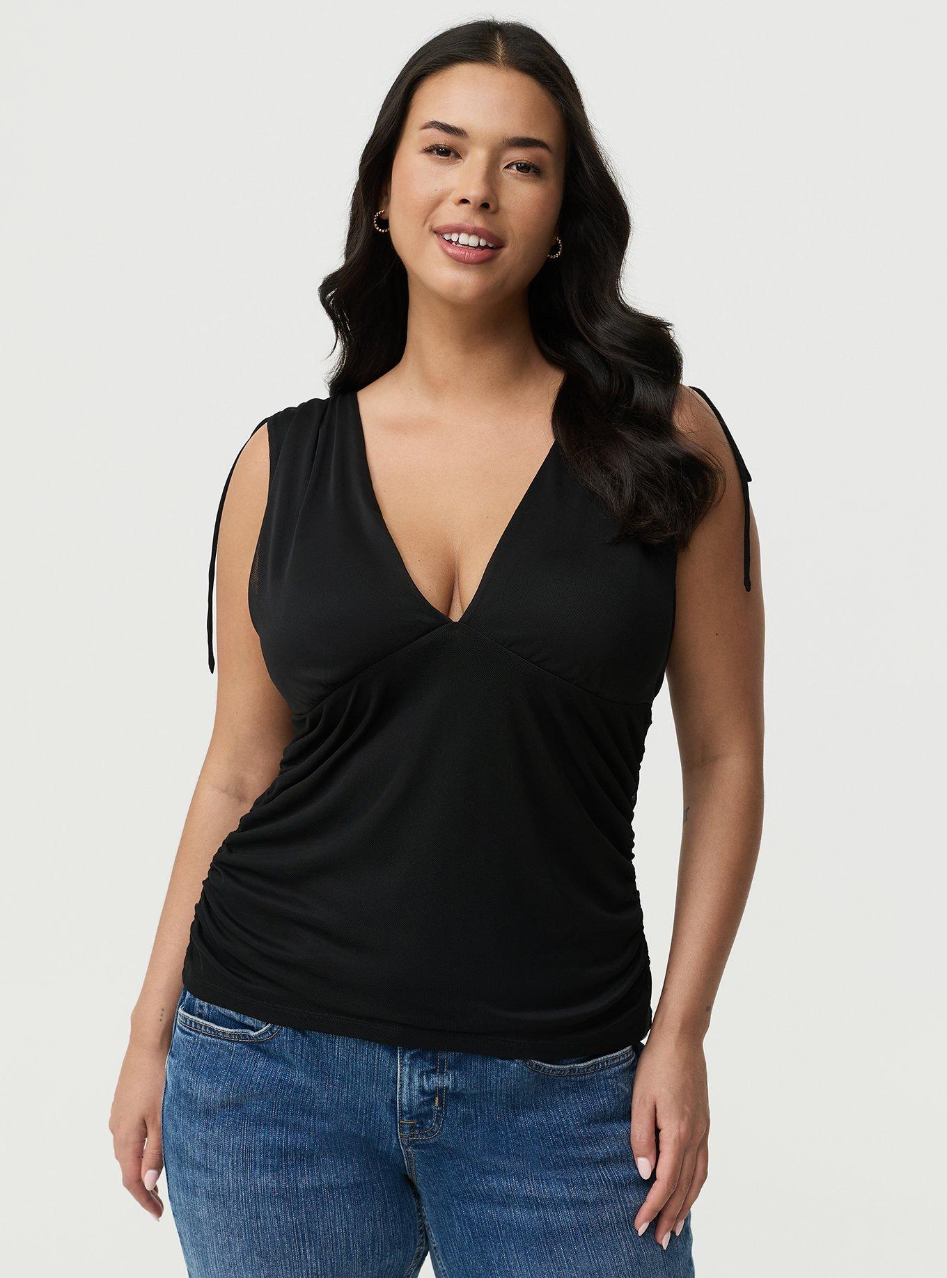 Mesh V-Neck Ruched Top, DEEP BLACK, alternate