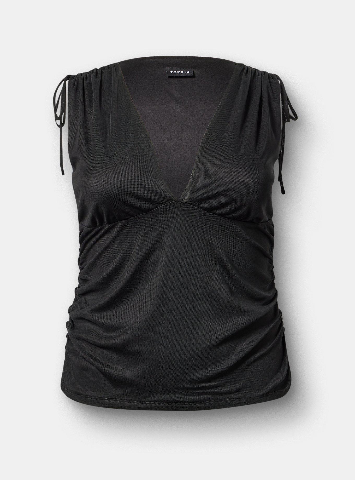 Mesh V-Neck Ruched Top, DEEP BLACK, hi-res