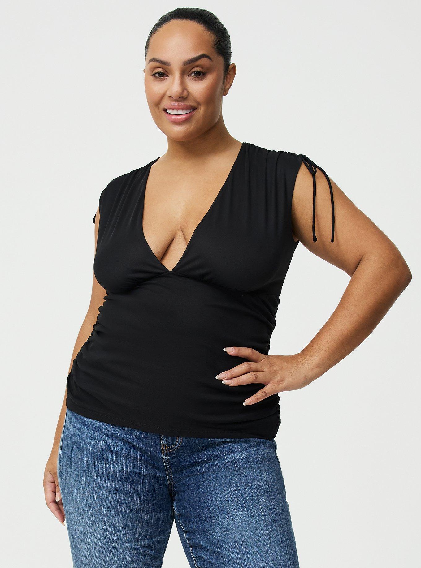 Mesh V-Neck Ruched Top, DEEP BLACK, hi-res