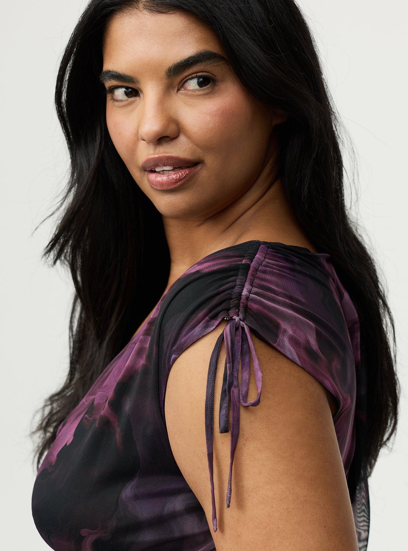 Mesh V-Neck Ruched Top, SMOKE WATERCOLOUR PINK, alternate