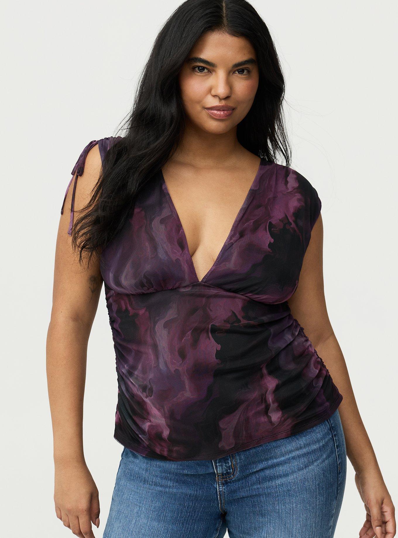Mesh V-Neck Ruched Top, SMOKE WATERCOLOUR PINK, hi-res