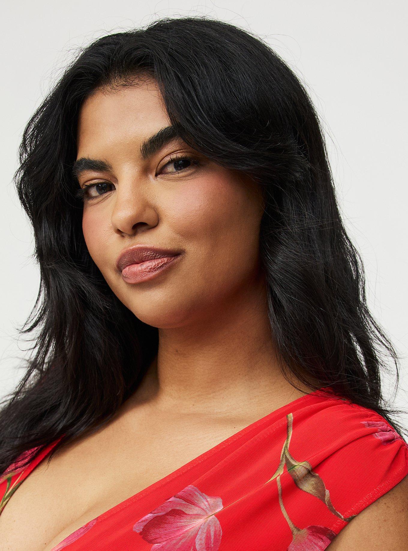 Mesh V-Neck Ruched Top, SALMA FLORAL RED, alternate