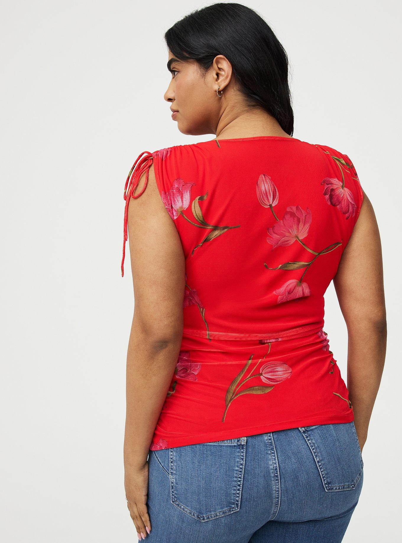Mesh V-Neck Ruched Top, SALMA FLORAL RED, alternate