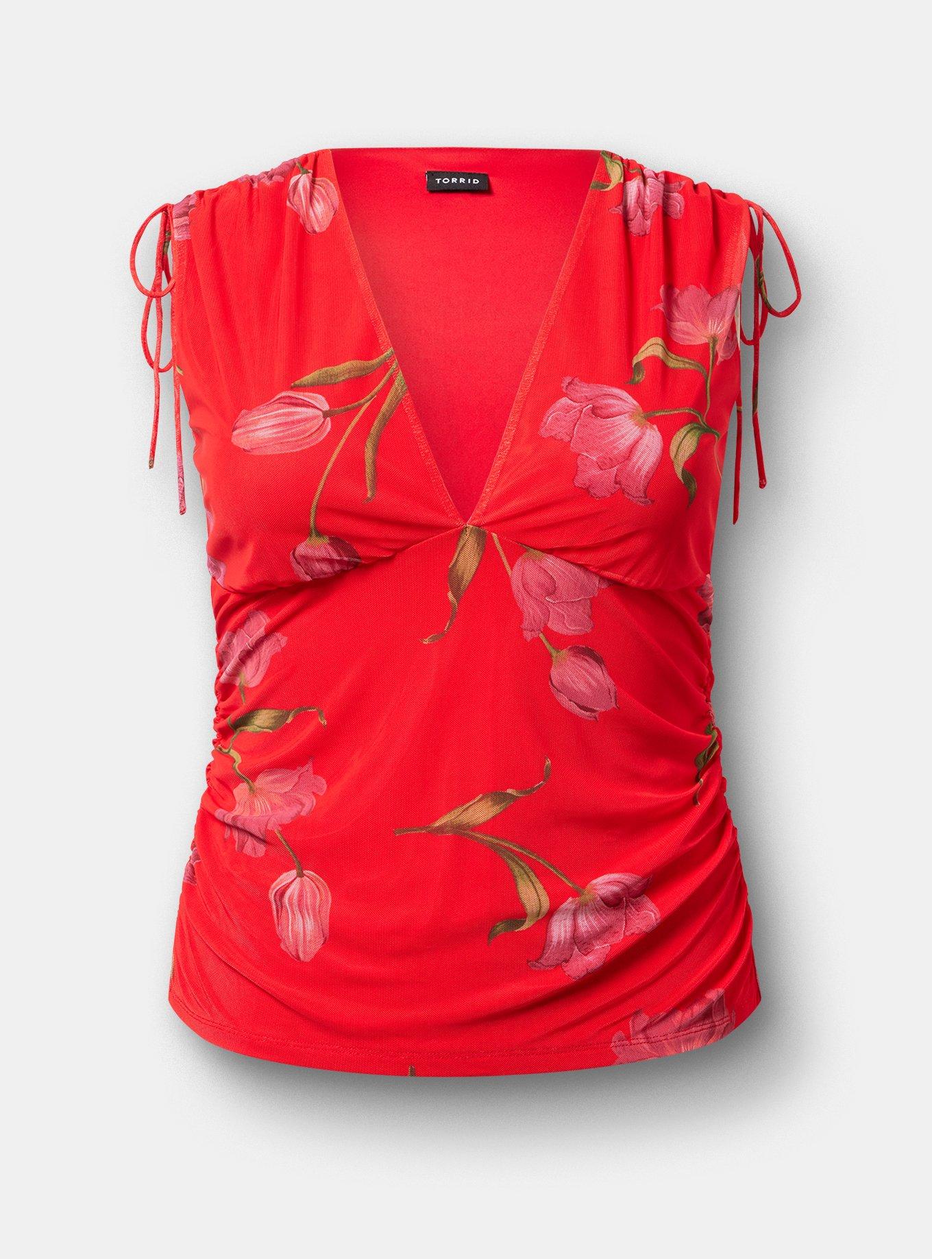 Mesh V-Neck Ruched Top, SALMA FLORAL RED, hi-res