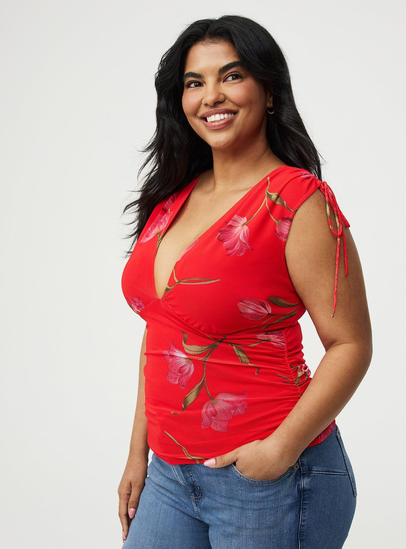 Mesh V-Neck Ruched Top, SALMA FLORAL RED, hi-res