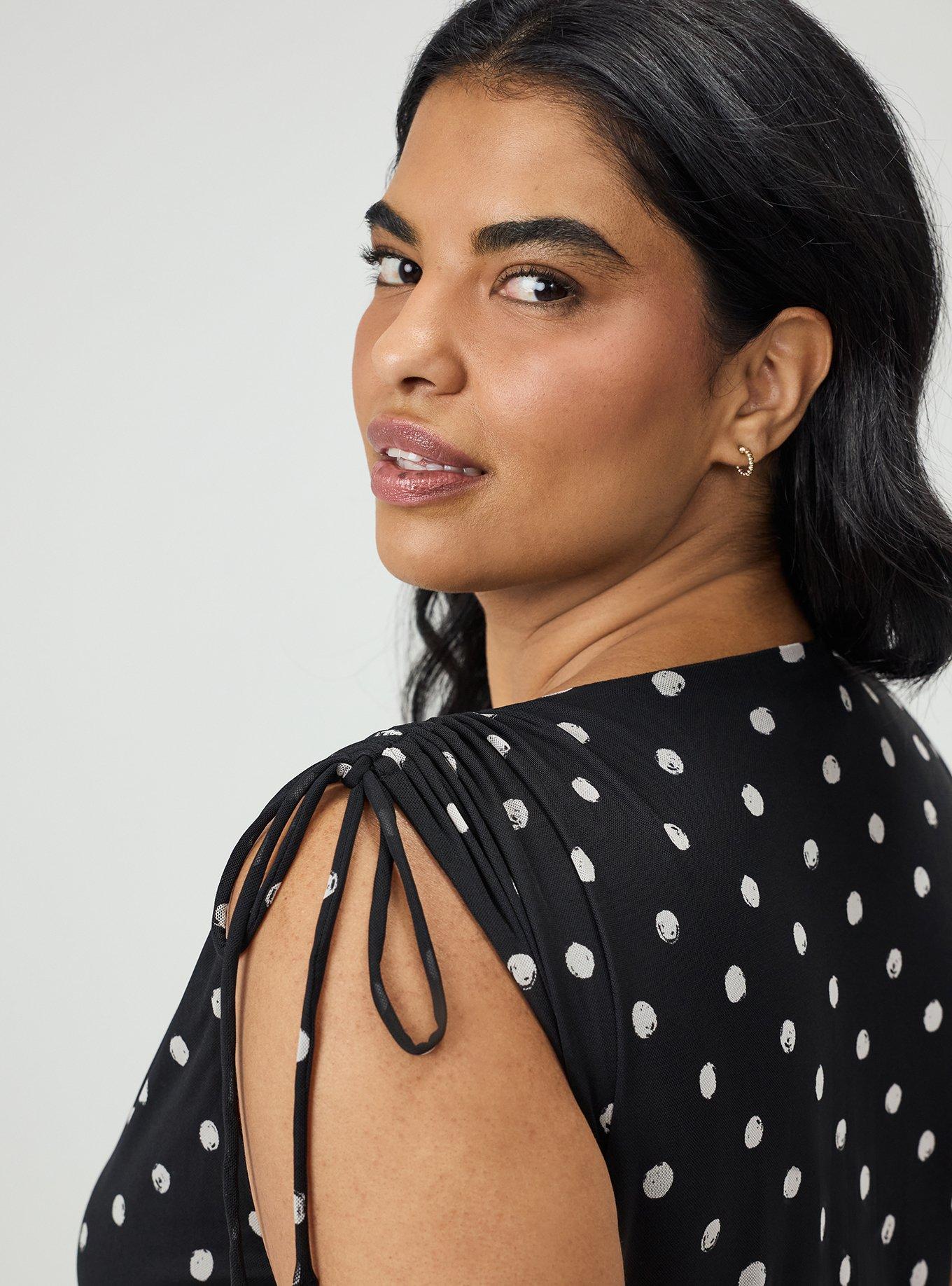 Mesh V-Neck Ruched Top, SCRIBBLE DOT BLACK, alternate