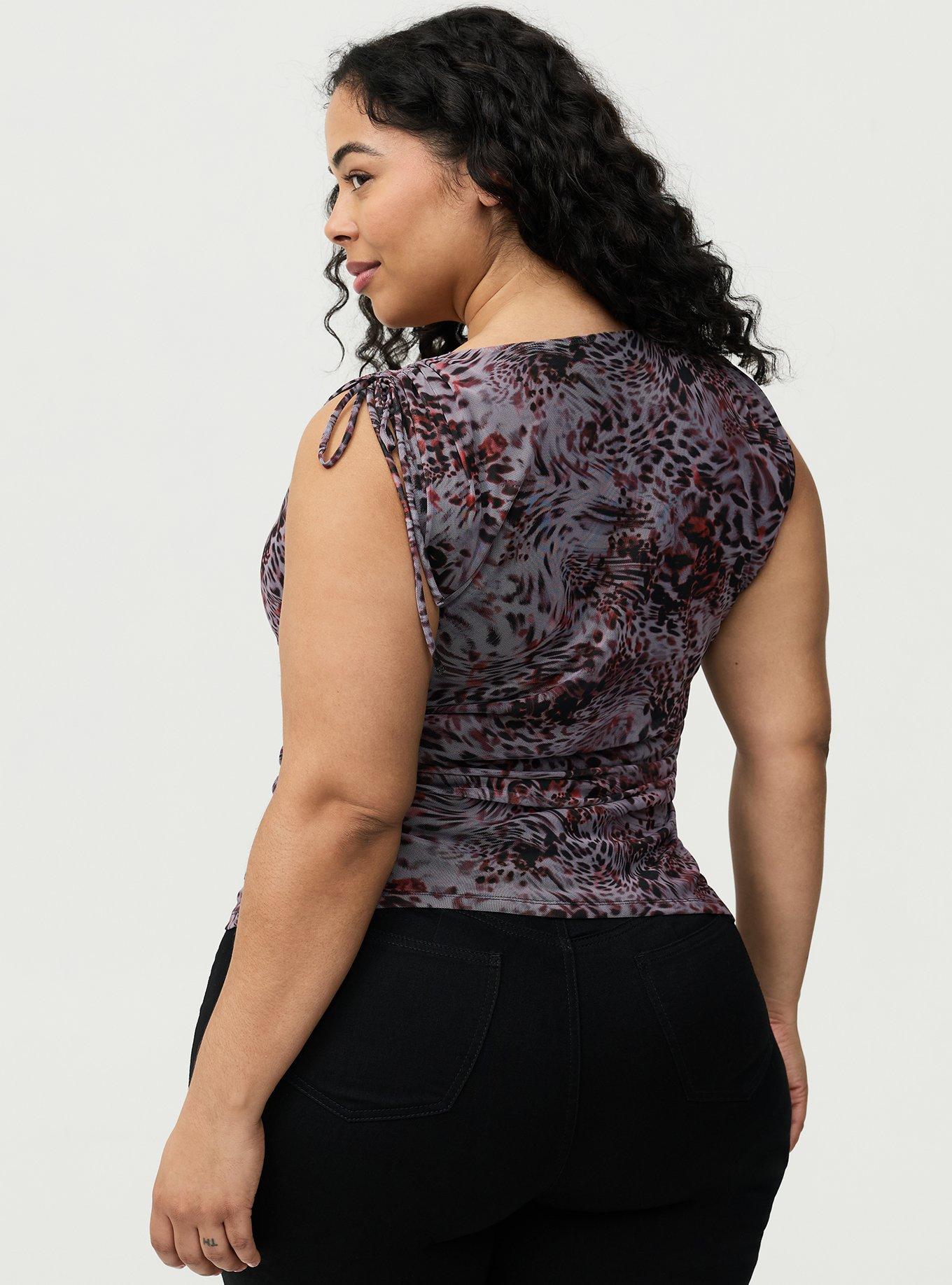 Mesh V-Neck Ruched Top, LEOPARD IN MOTION GREY, alternate