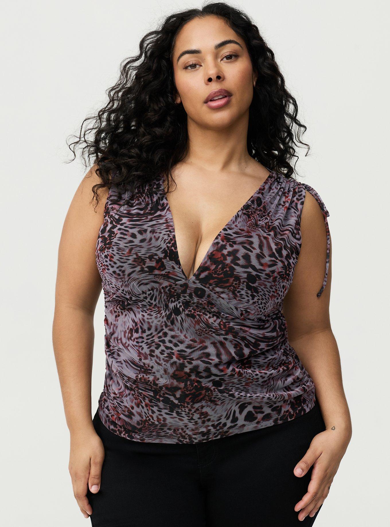 Mesh V-Neck Ruched Top, LEOPARD IN MOTION GREY, hi-res