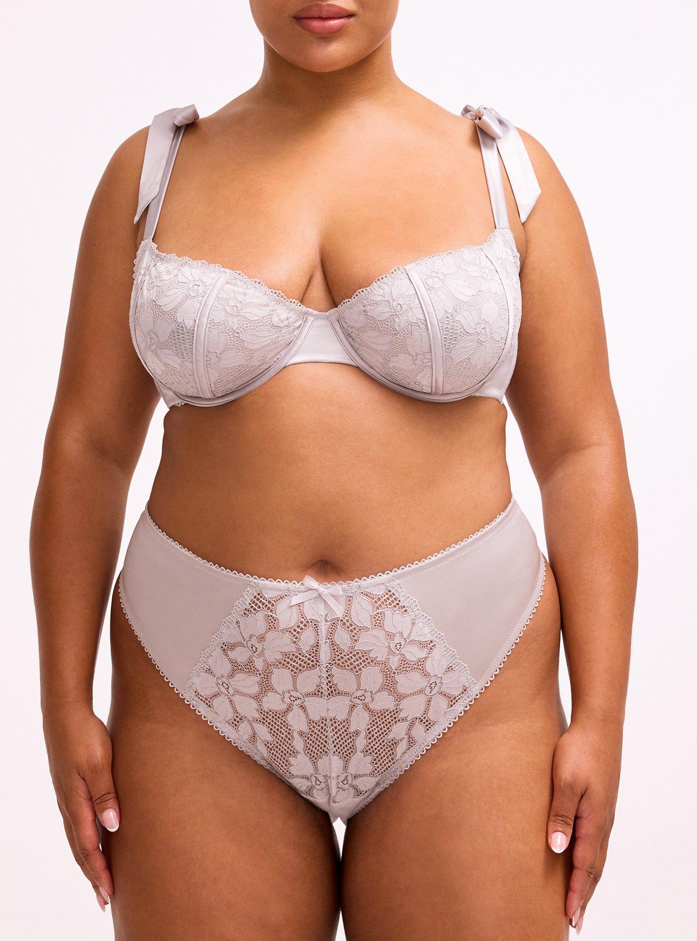 Plus Size Ava Lace & Shine Thong Panty, ALABASTER GRAY, alternate
