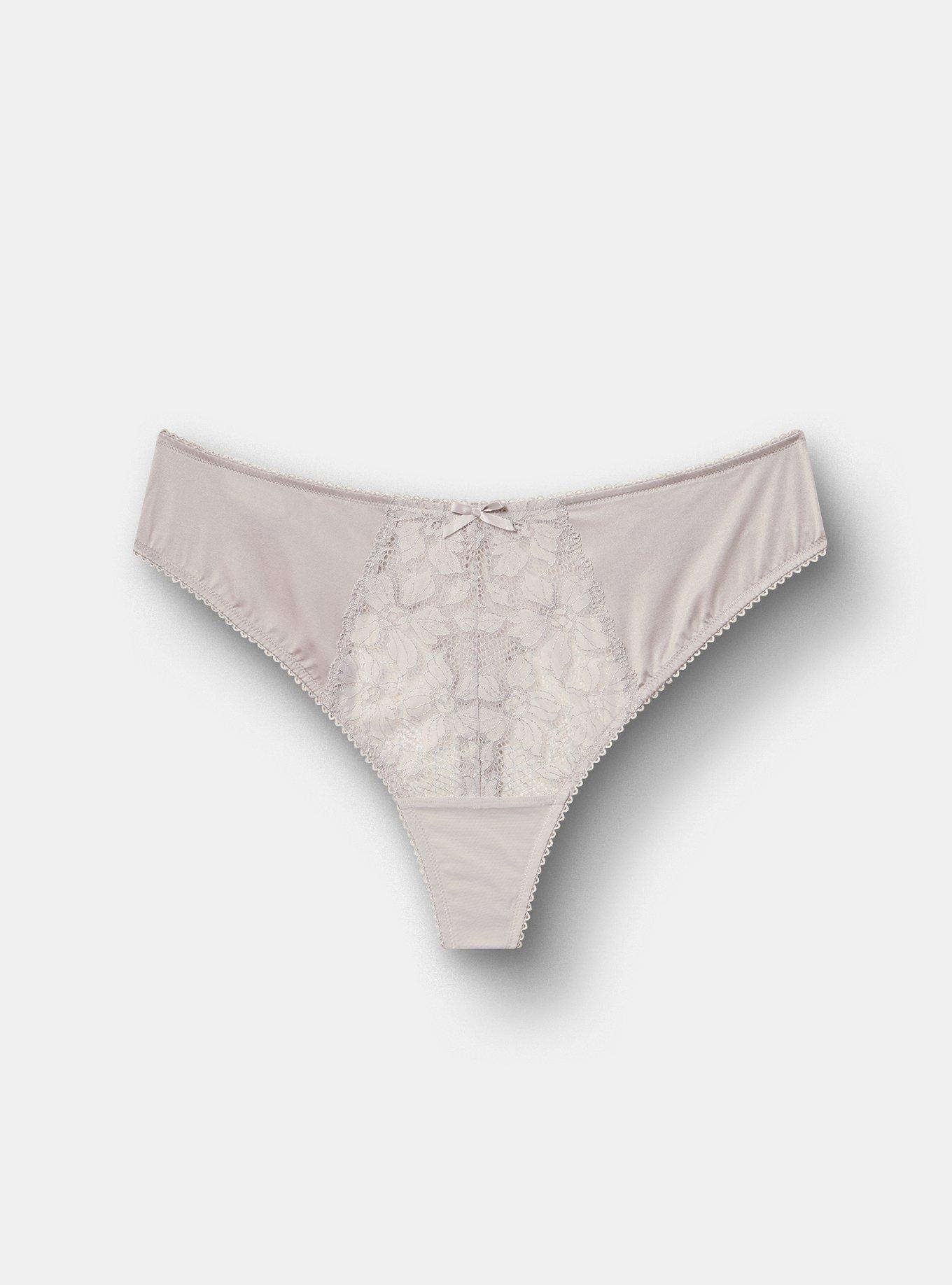 Plus Size Ava Lace & Shine Thong Panty, ALABASTER GRAY, flat