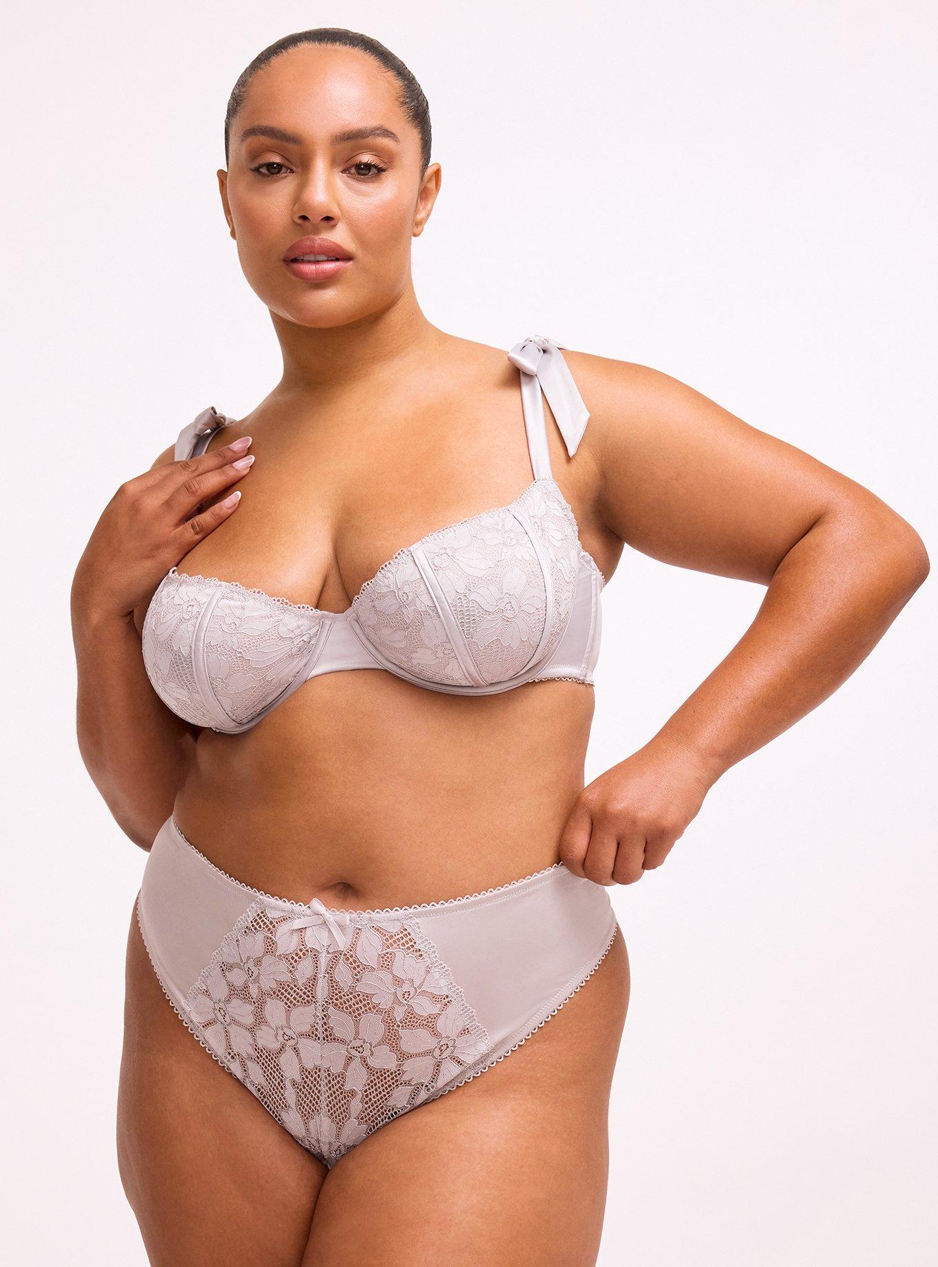 Plus Size Ava Lace & Shine Thong Panty, ALABASTER GRAY, hi-res