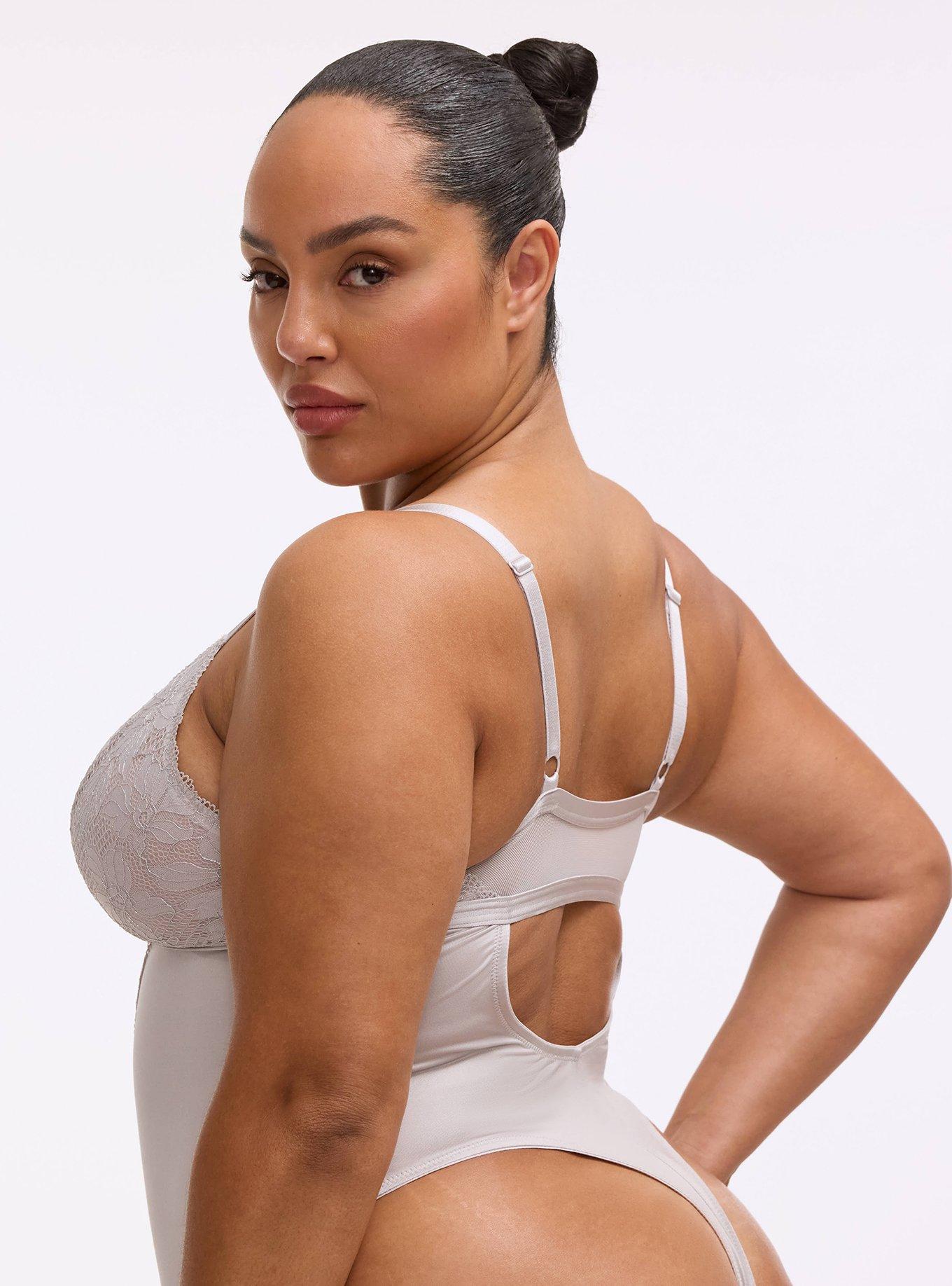 Ava Shine Lace & Shine Thong Bodysuit, ALABASTER GRAY, alternate