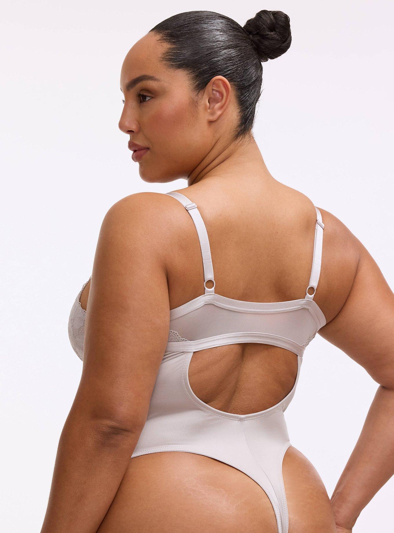 Ava Shine Lace & Shine Thong Bodysuit, ALABASTER GRAY, alternate