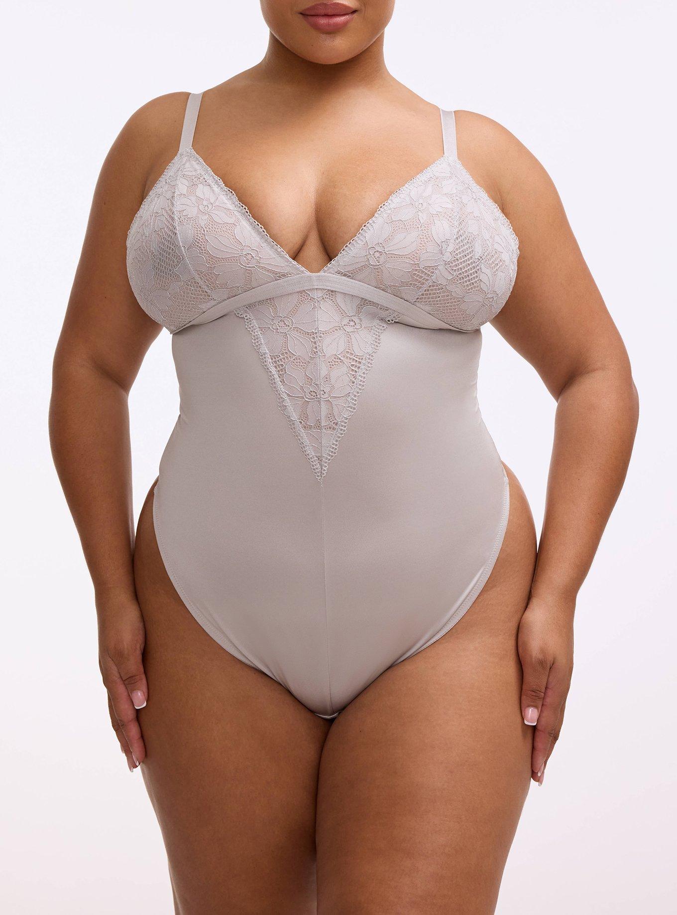 Ava Shine Lace & Shine Thong Bodysuit, ALABASTER GRAY, alternate