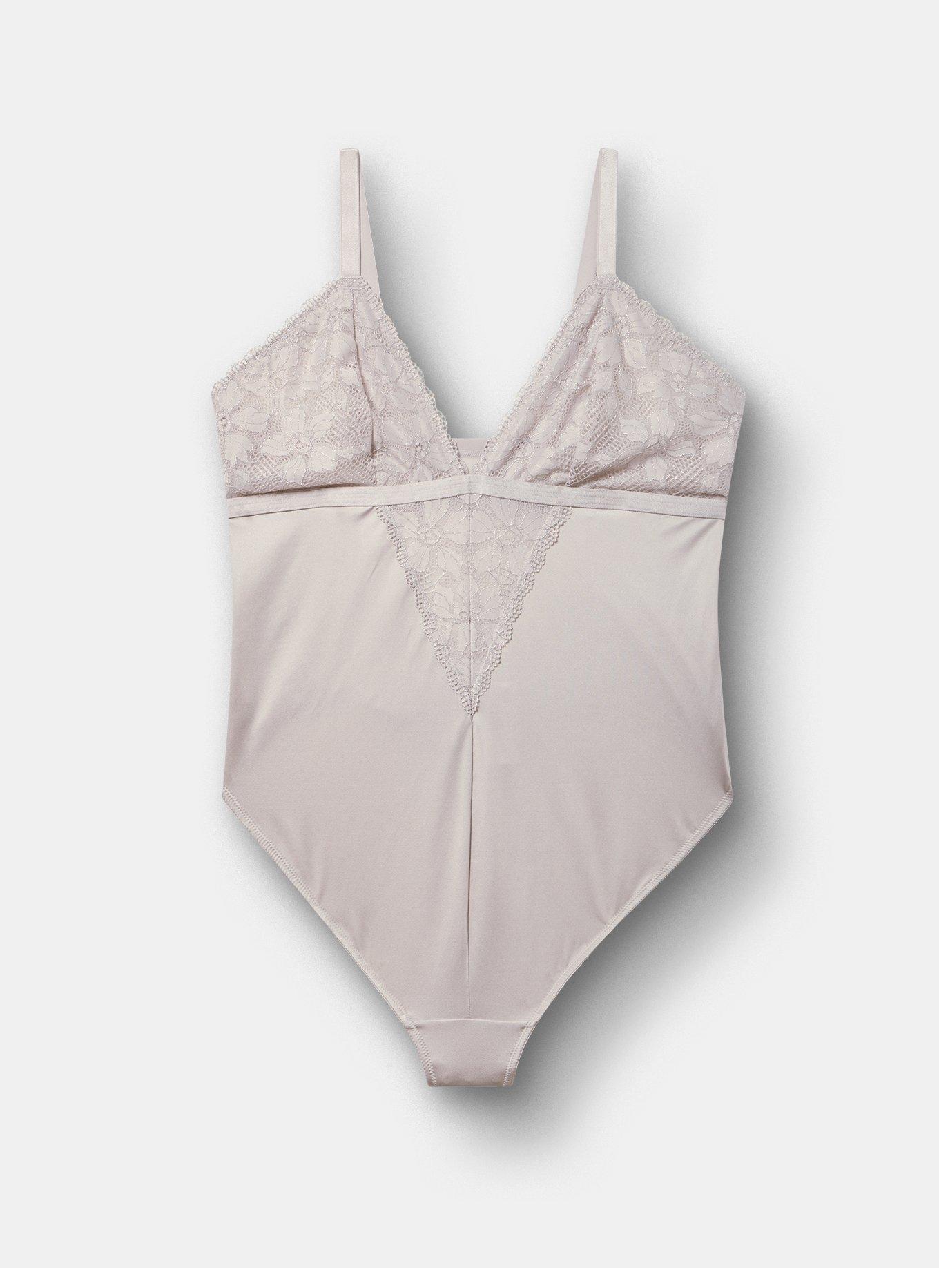 Plus Size Ava Shine Lace & Shine Thong Bodysuit, ALABASTER GRAY, hi-res